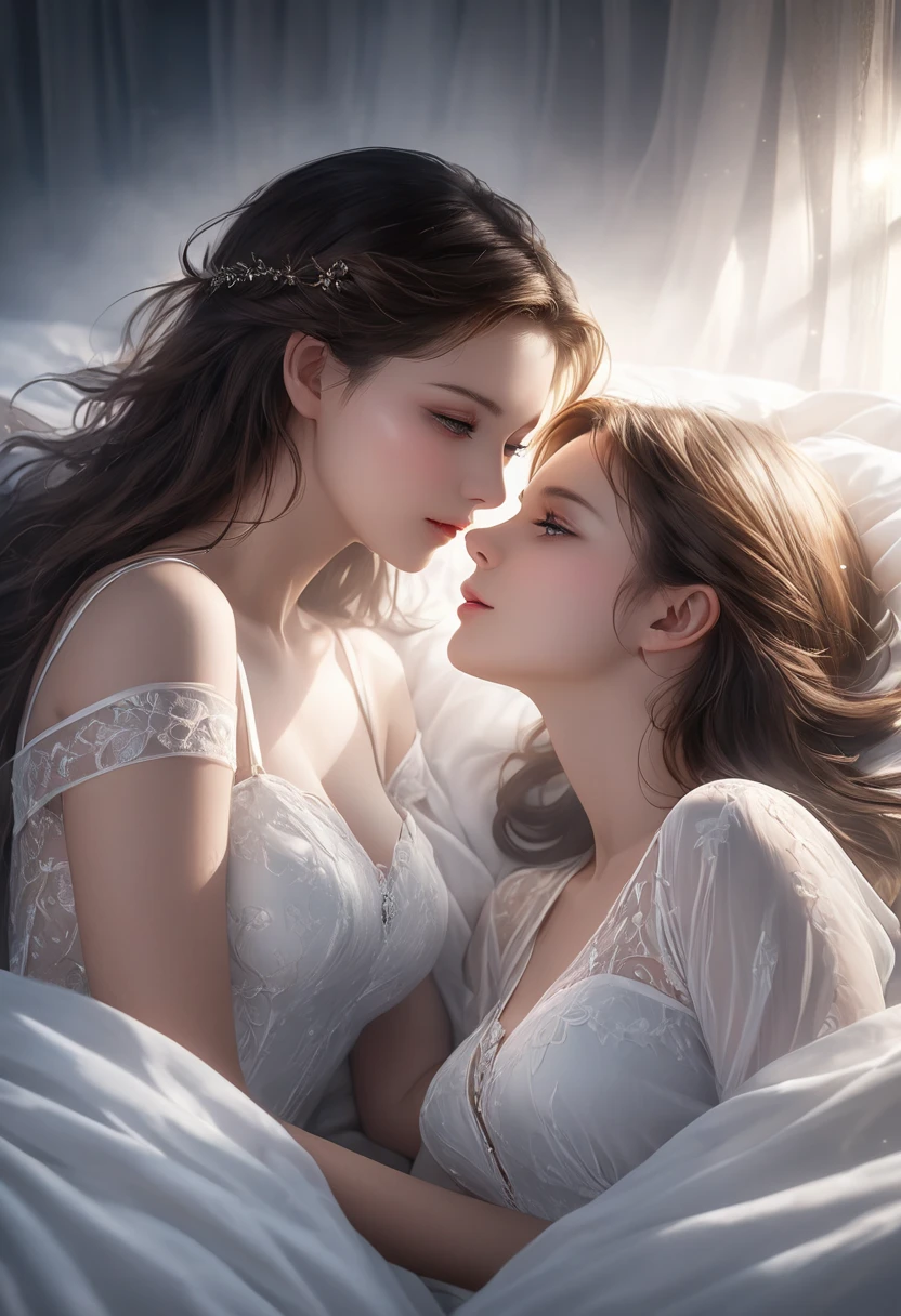 a romantic couple lying in each other's arms in a heavenly landscape, beautiful detailed eyes, beautiful detailed lips, extremely detailed eyes and face, long eyelashes, dreamy, serene, idyllic, fantasy, ethereal, glowing, soft lighting, warm colors, lush foliage, rolling hills, dramatic clouds, (best quality,4k,8k,highres,masterpiece:1.2),ultra-detailed,(realistic,photorealistic,photo-realistic:1.37),concept art, digital painting