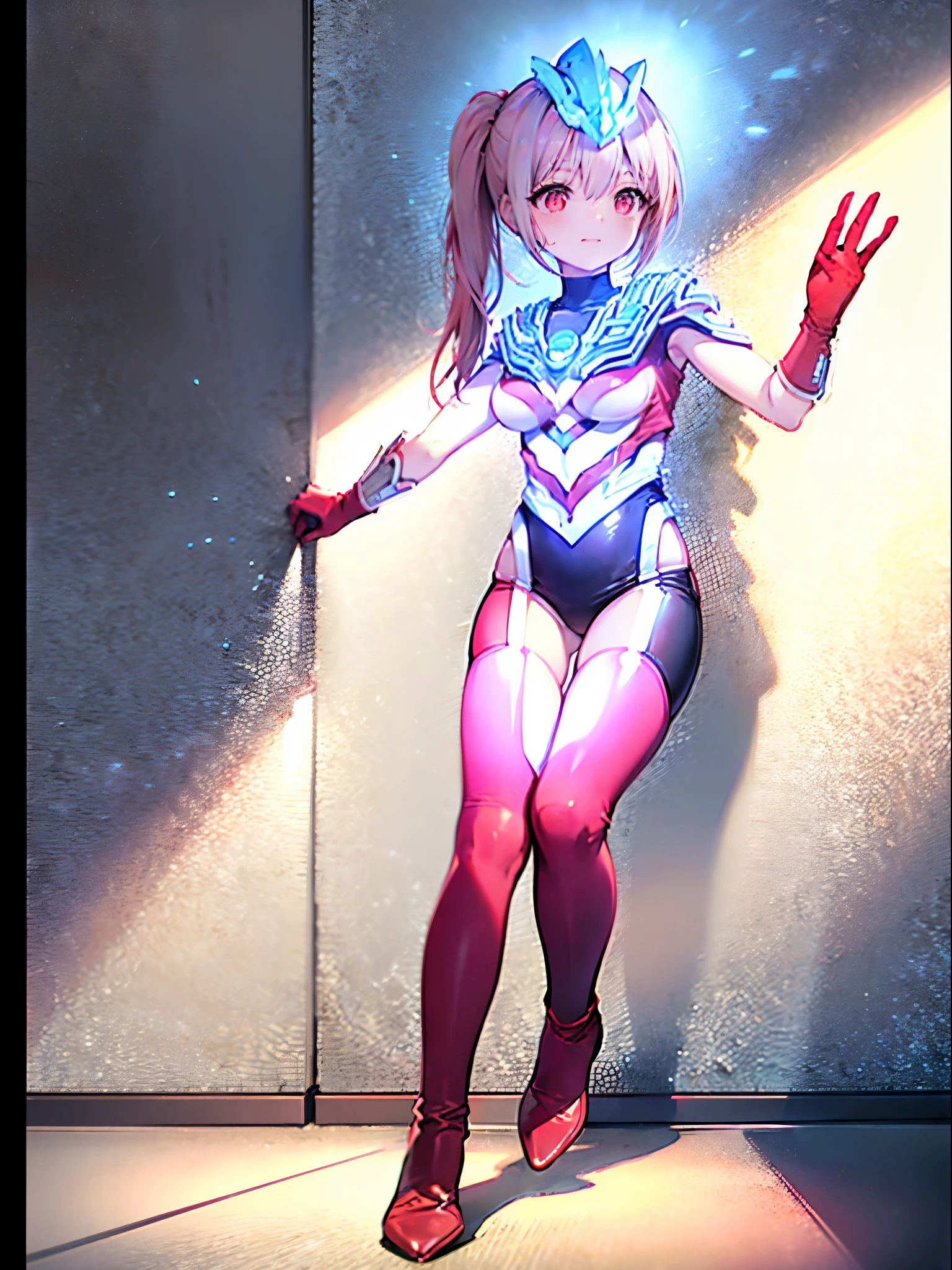 extremely detailed CG unreal engine 8k, best quality, (detailed fingers, detailed hands, detailed face), all intricate, 1girl, beautiful detailed girl, (ultragirl :1.0), ultraman bodysuit, leotard, bare legs, knee boots, full body, smile, thumbs up, stylish posing, hand on hip, standing, detailed buildings behind, outside