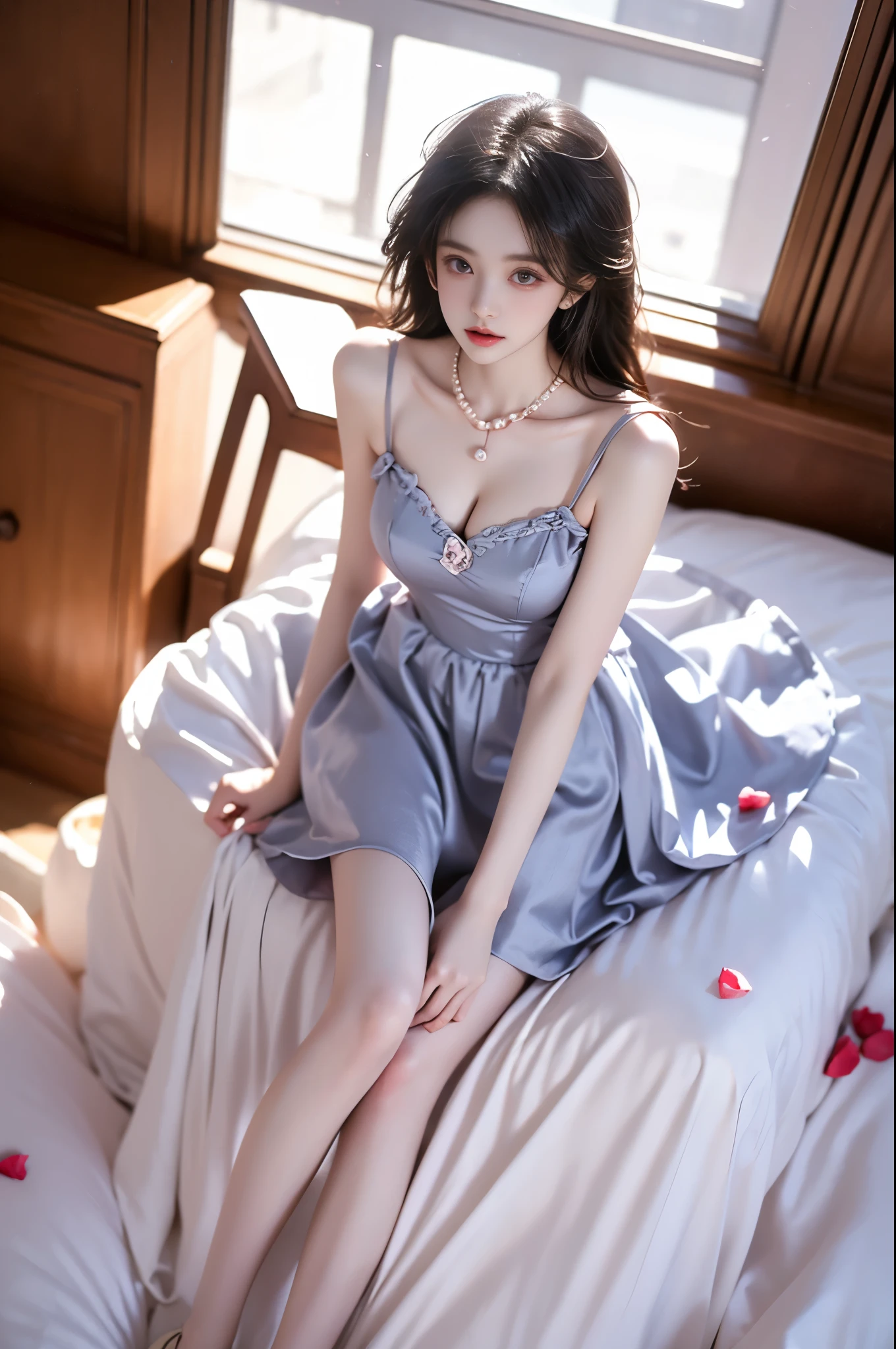Sweet girl clothes2,pearl necklace,blue dress,flower, ,,(photorealistic:1.2), (from above:1.3), beautiful woman, (Full bust, visible cleavage, very short hemline), (A lot of scattered rose petals, flying petals), fashion model, long legs, laying on luxury bed in classical romantic bedroom, knee bent upward, delicate fingers lifting skirt hem to thigh, (perfect body proportions:1.3), anatomically correct legs, elegant pose, soft ambient lighting, shallow depth of field, 85mm lens, high-end fashion photography, detailed skin texture, fine fabric details, (high quality:1.4), masterpiece, 8k uhd