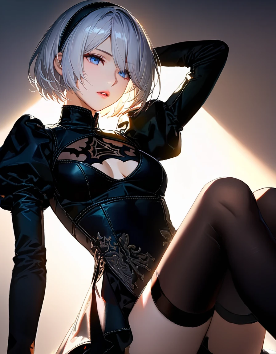(best quality, masterpiece), 1girl, yorha no. 2 type b, thighhighs, blindfold, sitting, looking at viewer, spread legs,