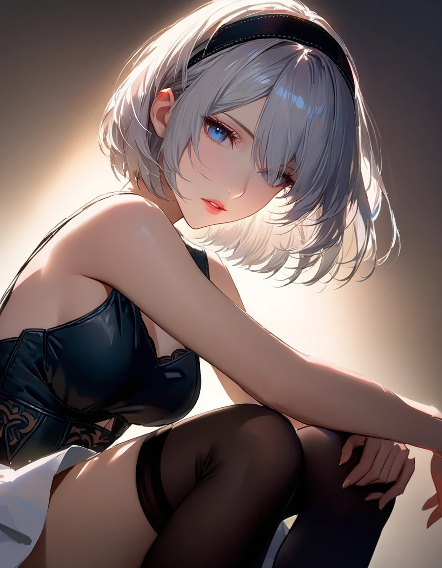 masutepiece　high-level image quality　最high-level image quality　8K　 Lady（Soio）　Portrait　blancheロンググローブ（（blanche）（Long gloves））　Stockings（（blanche））　an lingerie（（blanche）（Ren Hao））　gargantilha　Wolf ears　shorth hair（（short-cut）（White hair）（perm）（fluffly））　Eye color is blue　expressioness（（perplexed）（Shake your head））　on the beds　Put your hands on your face