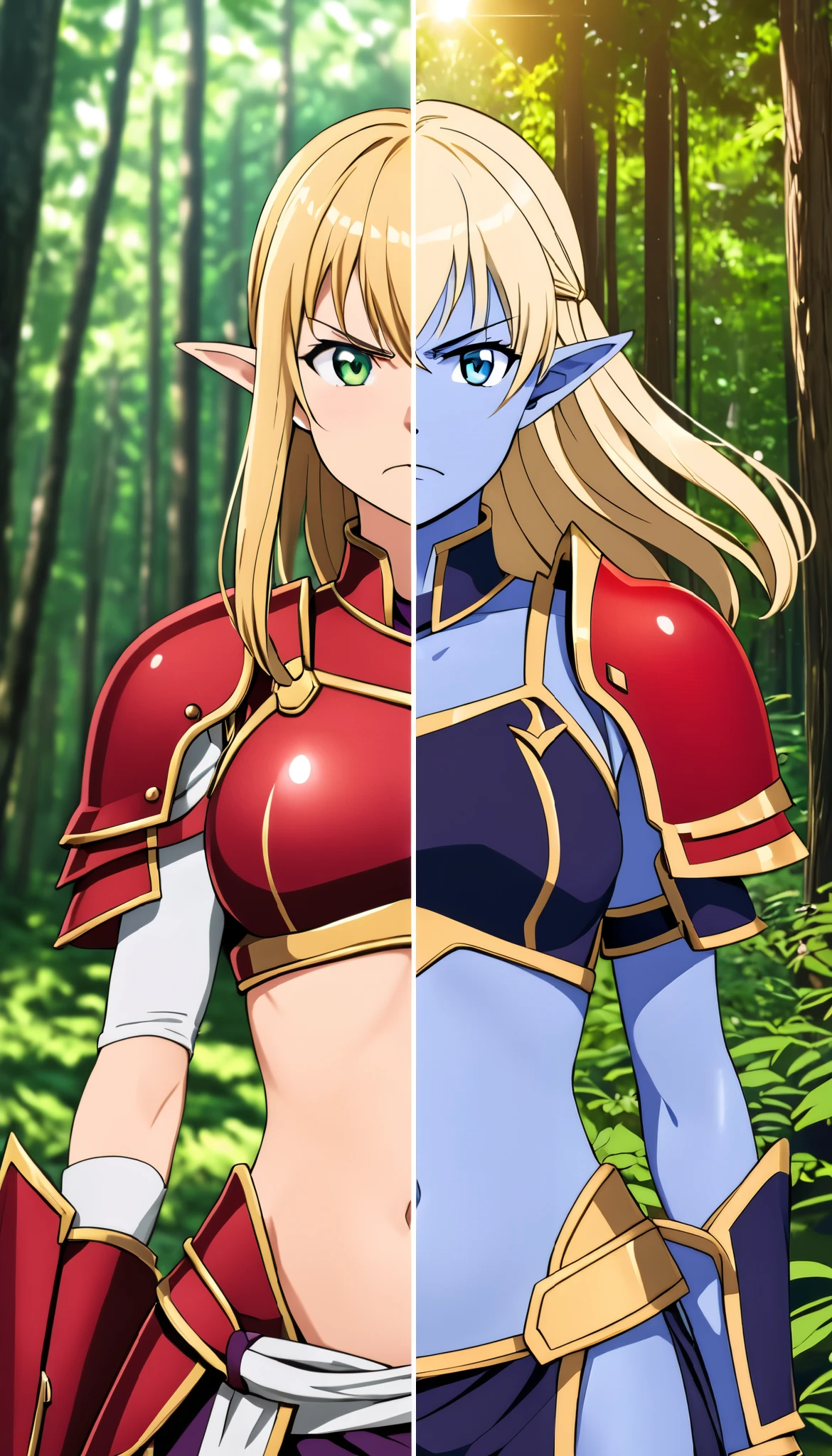 masterpiece, best quality, SplitScreen, split screen, forest background, 25 years old, pointy ear, BREAK 1girl, right side, right Blonde hair, right Green eye, Rounded Armored, right Red armored crop top, gold trim, right red shoulder pad, right natural skin tone, slender body, Abdomen, navel, angry expression,
masterpiece, best quality, SplitScreen, split screen, forest background, 25 years old, pointy ear, BREAK 1girl, left side, left Purple hair, left Blue Eye, left Crystallize Armored, left dark Purple armored crop top, Gold trim, left dark Purple shoulder pad, left blue skin tone, slender body, Abdomen, navel, angry expression