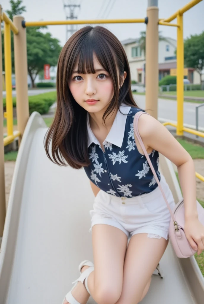 、cute woman、cute face、cute smile、(10 years old shot、80mm、well-shaped chest、slightly larger breasts、lazy smile、Open-chested tank top、mini skirt、medium long hair、dark brown hair、garden、Squirting、cherry blossoms、because I&#39;thin、Beautiful and thin legs、clear white skin、sit on top、