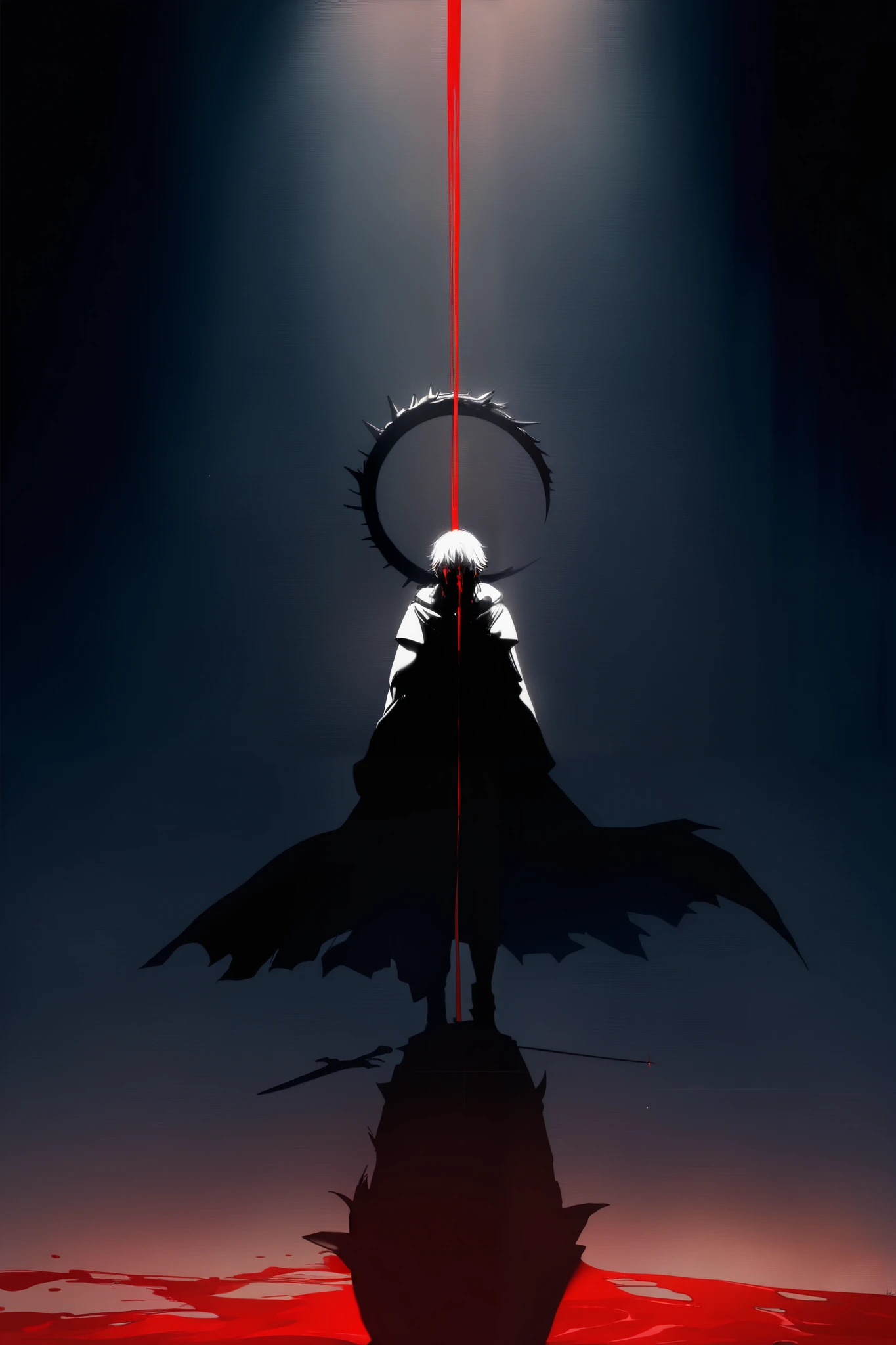 (masterpiece, best quality, ultra-detailed, best shadow), (detailed background, dark fantasy), (beautiful and detailed face), high contrast, (best lighting, extremely delicate and beautiful), ((cinematic light)), colorful, hyper detail, dramatic light, intricate details. Male anime character, 18 year old man, anime character crying, anime character holding a knife above his head, he smiles sadistically, blood runs down his body, the blood on his face mixes with his tears