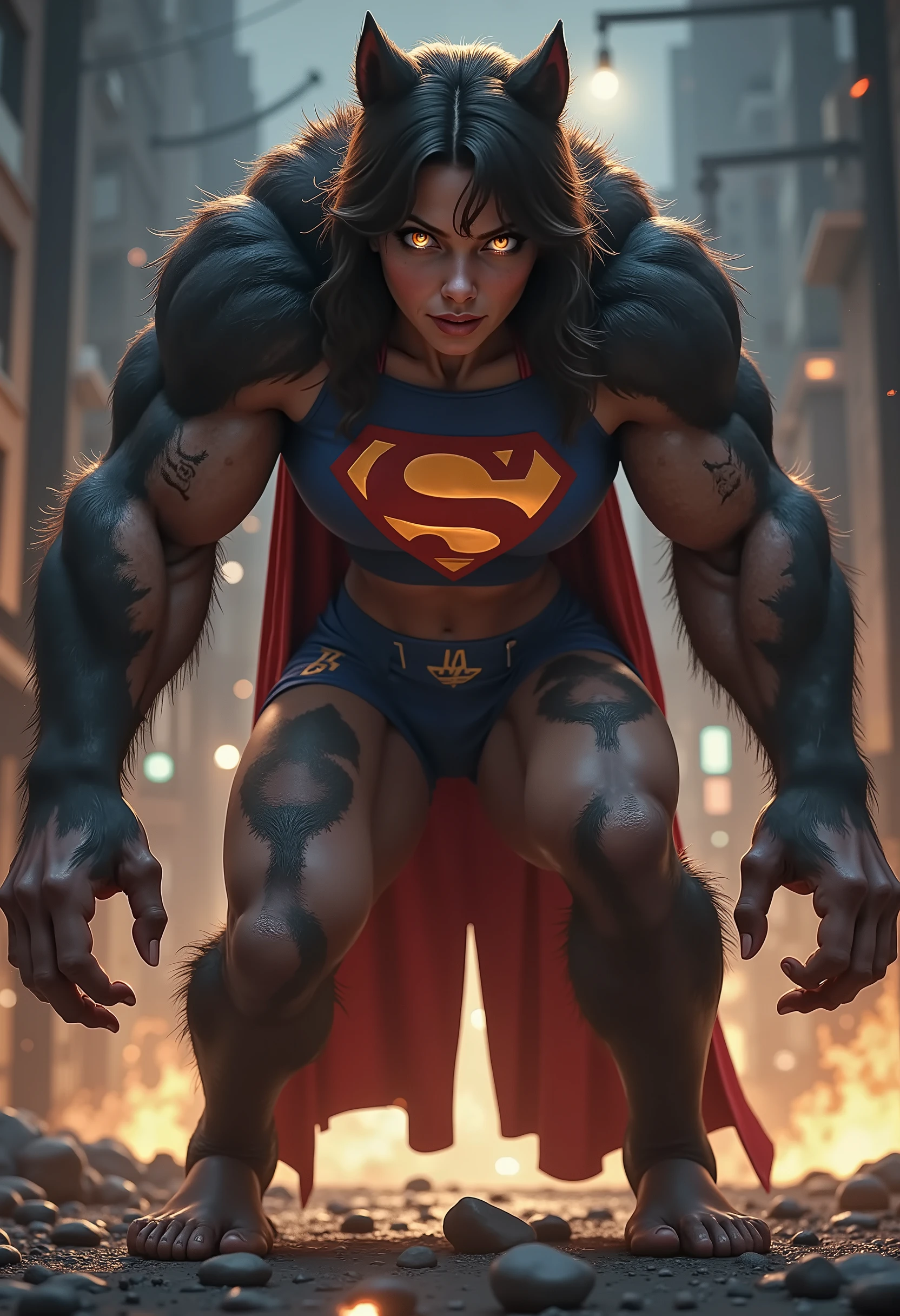 3D CARTOON STYLE. AS THE CURSE OF THE WERERWOLF TAKES EFFECT ON SUPERGIRL. HER BODY MORPHING, BONES SNAPPING AS HER FIGURE MUTATES. INCREDIBLY SEXY BRUNETTE GOTH SUPERGIRL CHARGES UP WITH INCREDIBLE POWER AS SUPERGIRL TRANSFORMS INTO A WEREWOLF. HER SKIN BECOMING FURRY, HER EYES TURN INTO WEREWOLF EYES AND TEETH BECOME WEREWOLF FANGS. STILL WEARING HER SUPERGIRL COSTUME AND CAPE.