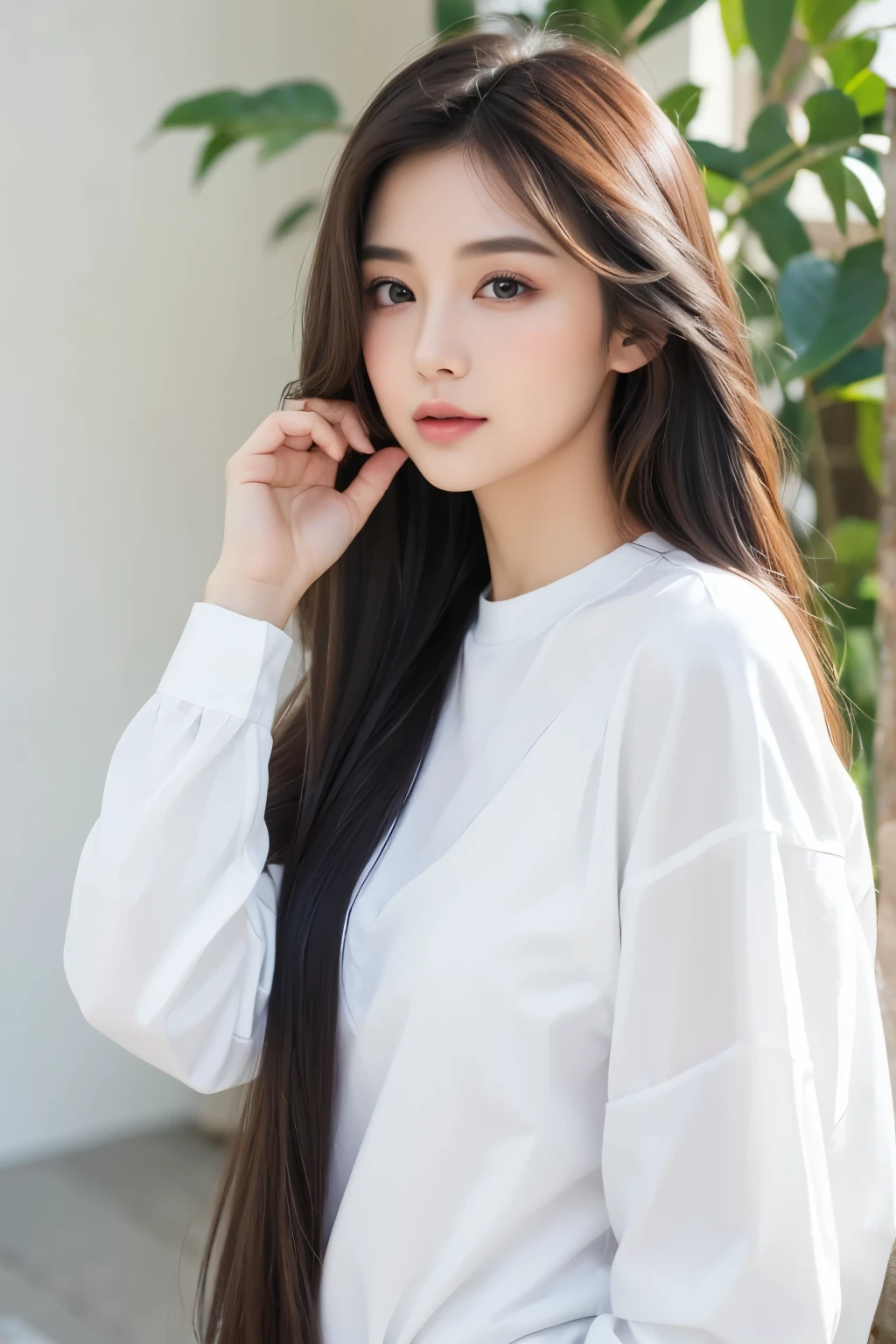 ((Beautie,femele,Long hair,Background white,white shirt))