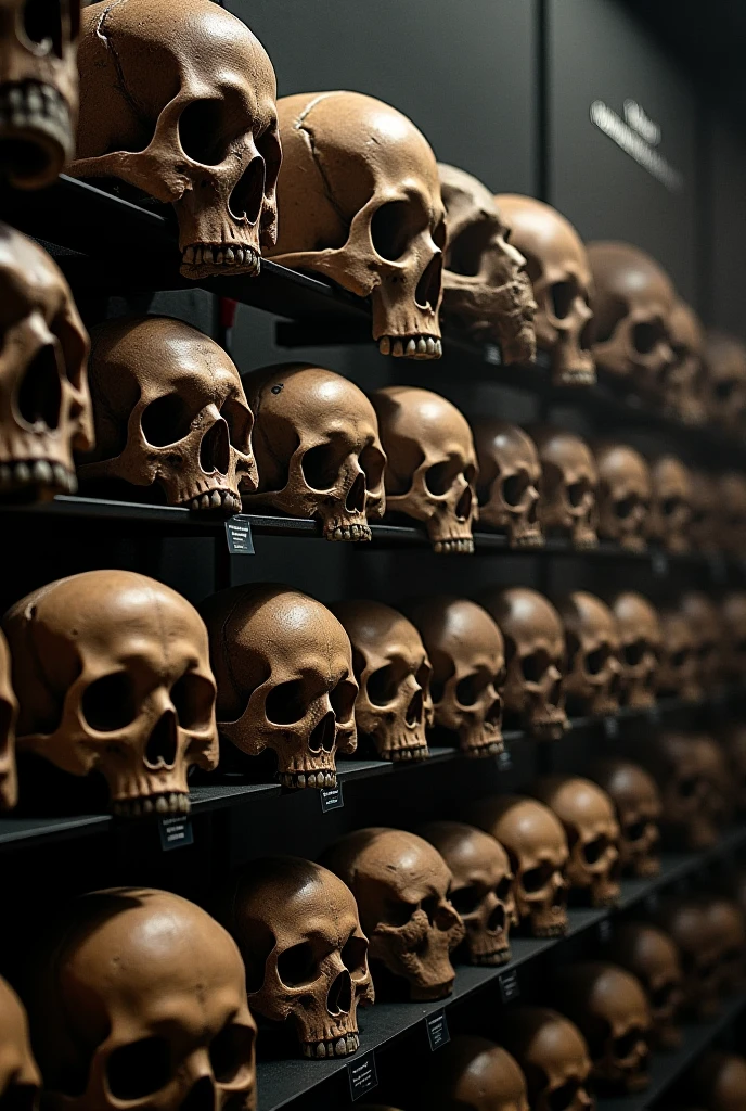 A store full of metallic skulls of super realistic robots, organized shelves, very detailed, elegant environment, harmonious light, award-winning magazine cover photo, hyper detailed