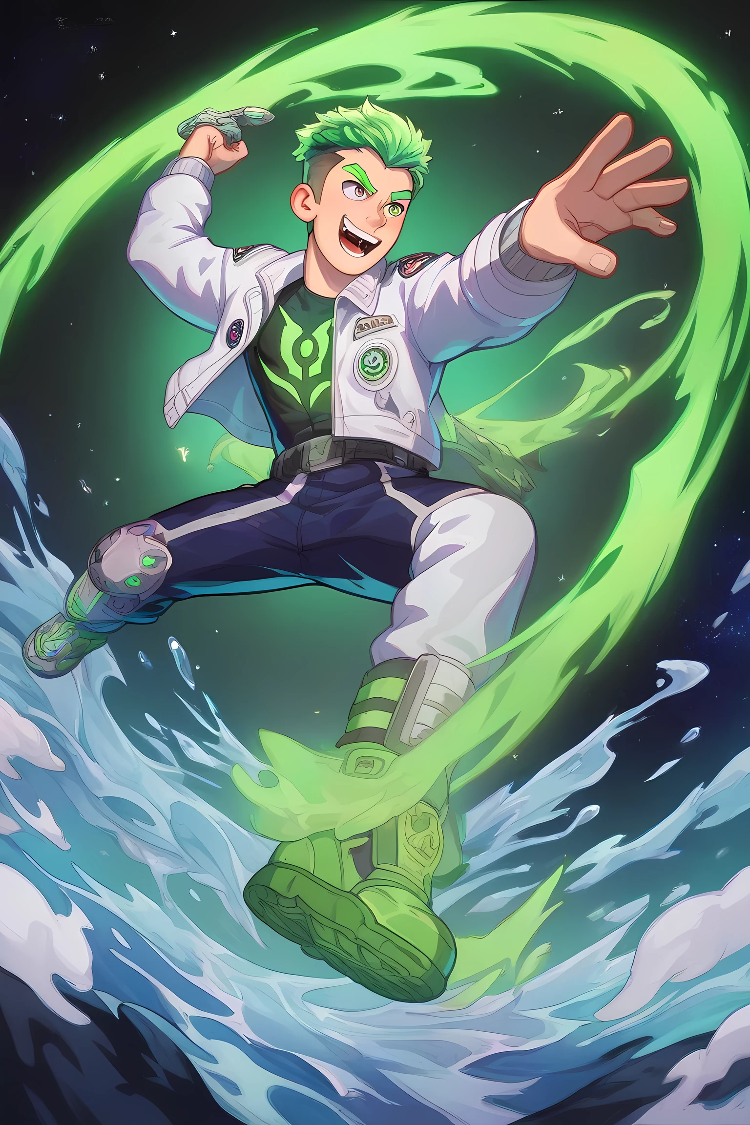 anime boy with green glowing neon hair, black space suit fighting water monster in grasslands martial arts tournament, green energy powers, professionally drawn, danny phantom cartoon 
