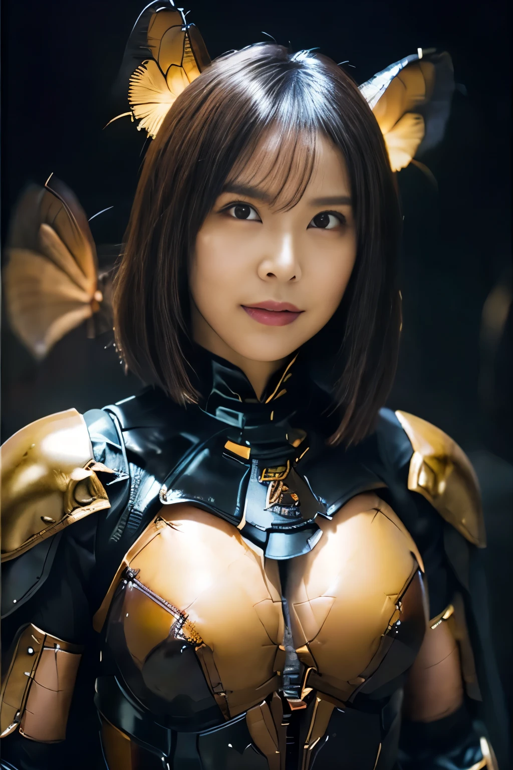 (high resolution,masterpiece,best quality,extremely detailed CG, anime, official art:1.4), realistic, photo, amazing fine details, all intricate, gloss and shiny,awesome many layers, 8k wall paper, 3d, sketch, kawaii, illustration,( solo:1.4), perfect female proportion,villainess, (fusion of queen bee and lady:1.4), (queen bee form lady:1.2), (queen bee lady:1.2), (fusion:1.2), (solo:1.4), (evil smile:1.2), muscular, abs, (queen bee exoskeleton bio insect suit:1.4), (cockroach brown exoskeleton bio insect armor:1.2), (brown transparency queen bee wing:1.4), (brown queen bee antennae:1.3),