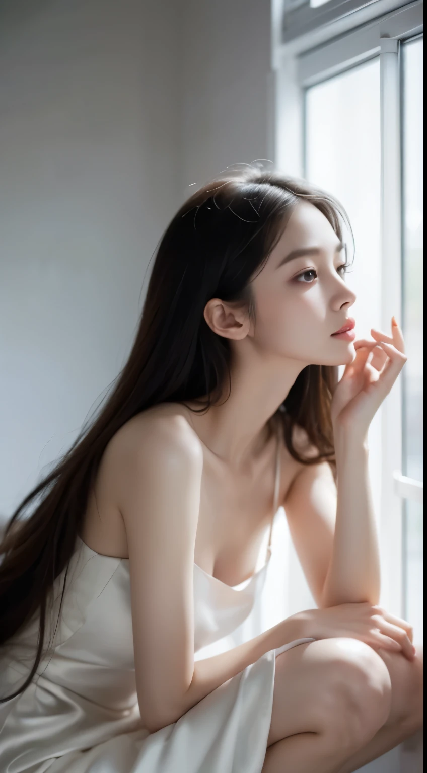 (Photorealistic),(Masterpiece),(ultra-detailed),a shot of very beautiful and tall but so delicate and weak and thin and fragile because she hasn’t eaten for a month,wearing a baggy white silk dress ,have absolutely no fat or muscles, quite tall but very small and feeble and fragile body frame,enduring extreme hunger,big eyes and very small face,about to faint but resisting,extremely severely malnourished