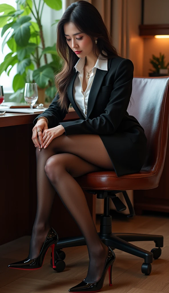 ((Masterpiece, Full body, Best Quality)) young woman with office shirt and short skirt, elegant and medium hair, beautiful leg, sexy, high heel