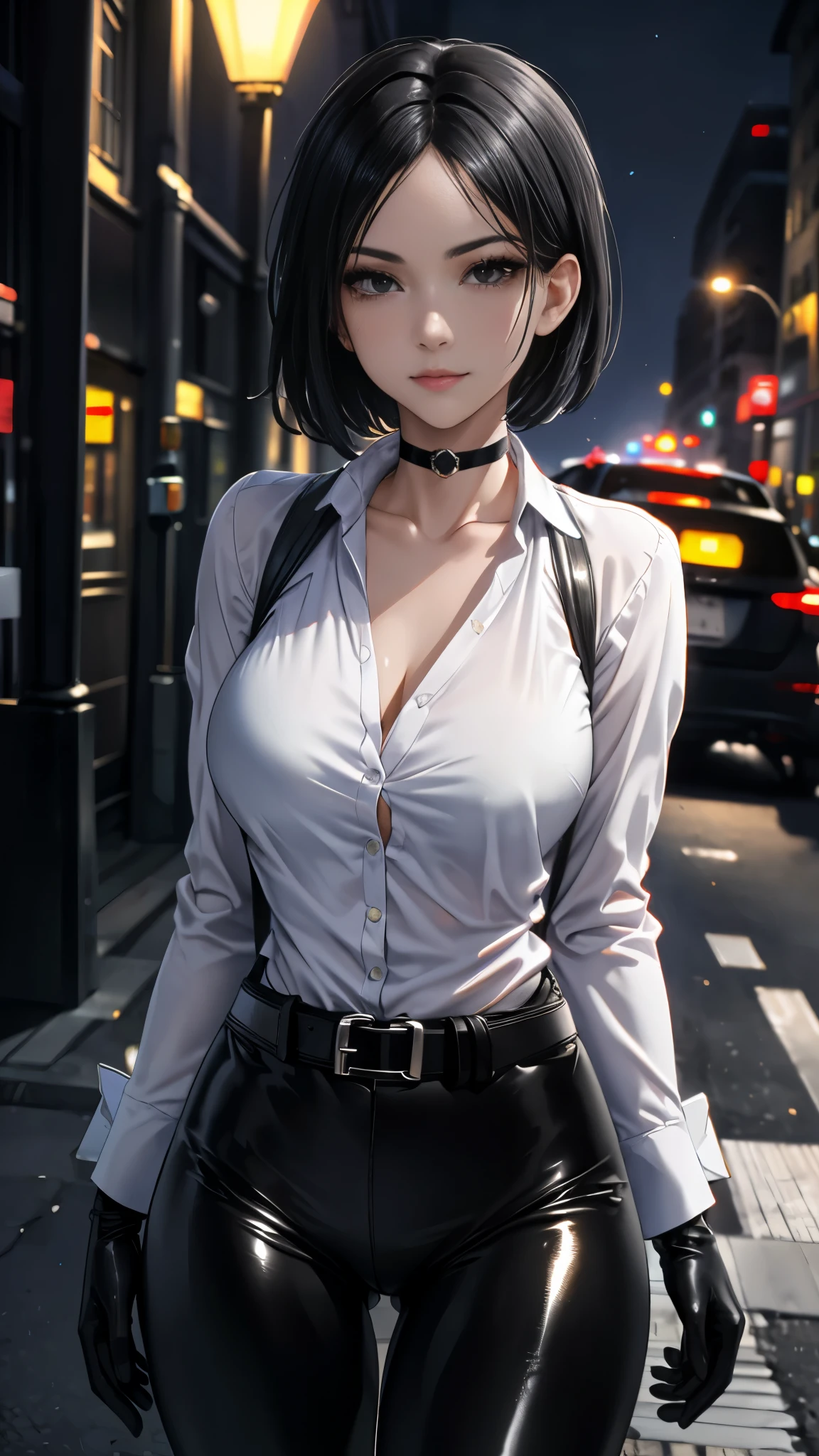 masterpiece, envelopes, HDR-10, volumetric lighting , ( perfect hands), There is a person, standing, (( seen from the front)), looking at the viewer , seductive look , slight smile, detailed eyes, black eyes, sensual lips, short black hair , choker : 1.6, (white long sleeve buttoned shirt), (black straps), ( shiny black leggings), black gloves, belt, ((thigh harness)), street, city, at night