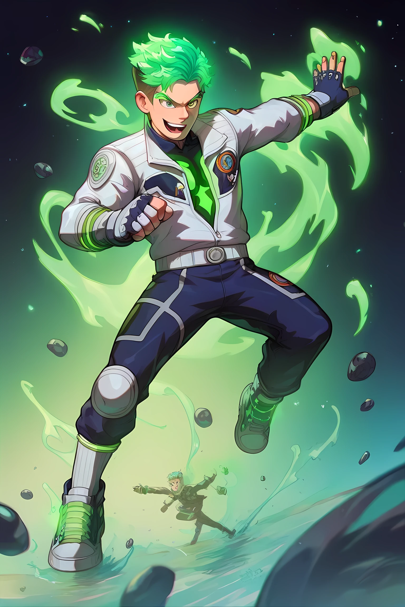 anime boy with green glowing neon hair, black space suit fighting water monster in grasslands martial arts tournament, green energy powers, professionally drawn, danny phantom cartoon