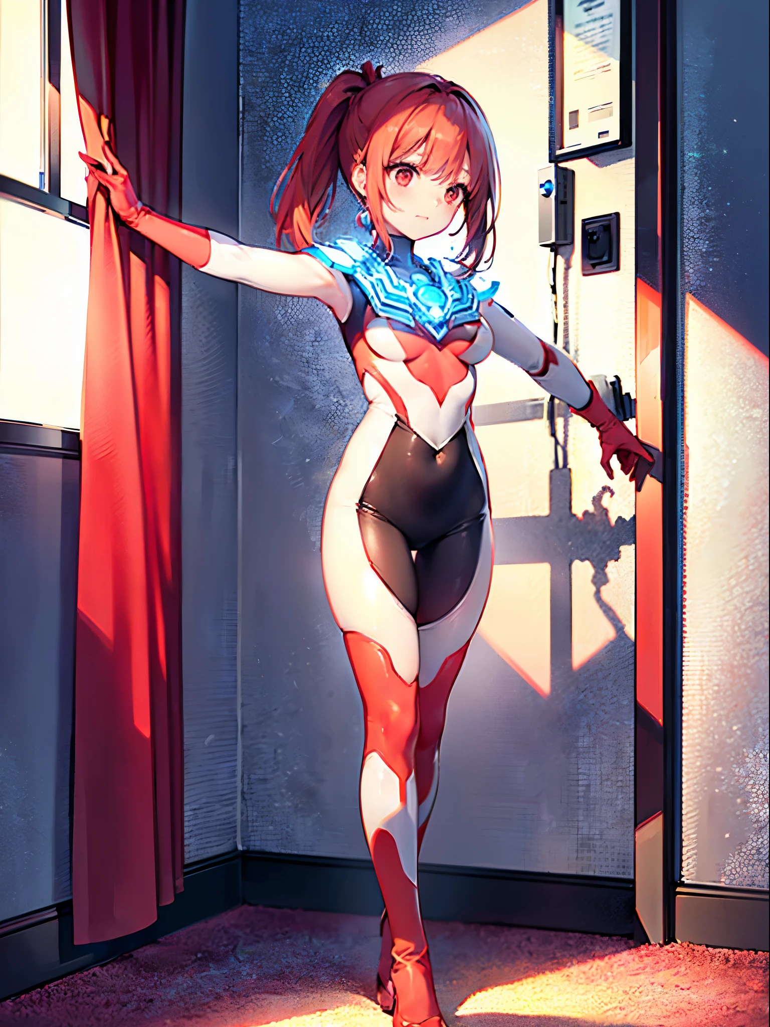 (Close-up:1.3),Realistic,Highest quality, Ultra Detail, High-quality CG rendering, The most delicate and beautiful, Floating softly, High resolution, (1 female), (Highest quality,4K,8k,masterpiece:1.2),(All red hair:1.5), (ponytail:1.5),(Red eyes:1.5), (Ultra Girl:1.0), (All red Ultraman bodysuit:1.5),(Do not expose your skin:1.5),(Slightly larger breasts:1.5),(Red gloves:1.4),(Red Shoes:1.4),(whole body:1.3),(smile:1.3),In a small room,(Are standing:1.4),(Put one hand on your chest:1.3),(front:1.3)