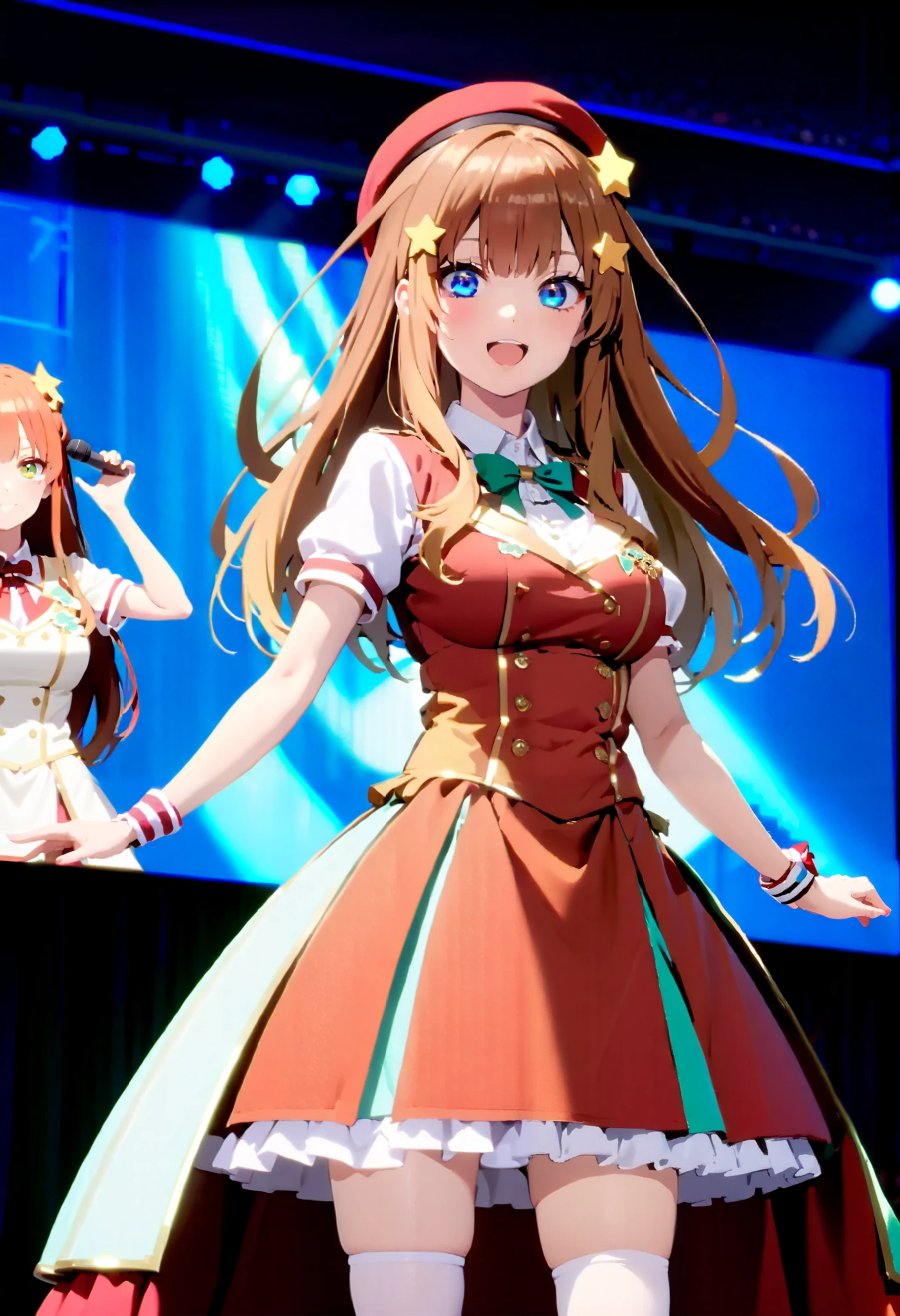 score_9, score_8_ up, score_7_ up, source_Anime, itsukinakano, Nakano Mizuki , bangs, blue eyes, hair between eyes , st upid hair, Red Hair, long hair,Yellow stars \( symbol \), hair ornament ,Yellow stars hair ornament ,glass,smile,, open mouth , big breasted , Idol Costume , dress,collared dress, jacket ,cropped jacket ,Short sleeve,bowtie,bow,button, has ,beret,( White Knee High :1.2),shoes, interior ,アイドル歌手がライブ stageで熱狂的に歌うシーンのイラスト. アイドル歌手が stage中央に立っている. boots worn by idol singers . idol singers sing with microphones . idol singers are serious and impressive . 歌手の声は力強くて beautiful , stageの周りにはファンが集まる, fans sing and dance with idol singers Idol singers who do things ,whole bodyがイラストに入るように,
break looking at viewer,whole body,( cowboy shooting :1. 5),
break indoors, stage, concert, stage lights, stage, crowd,
break (Masterpiece:1.2), best quality , high resolution, unity 8k wallpaper, (shape:0.8), ( beautiful, detailed eyes :1.6), very elaborate face , PERFECT LIGHTING , High-definition CG, (perfect hand, perfect anatomy),