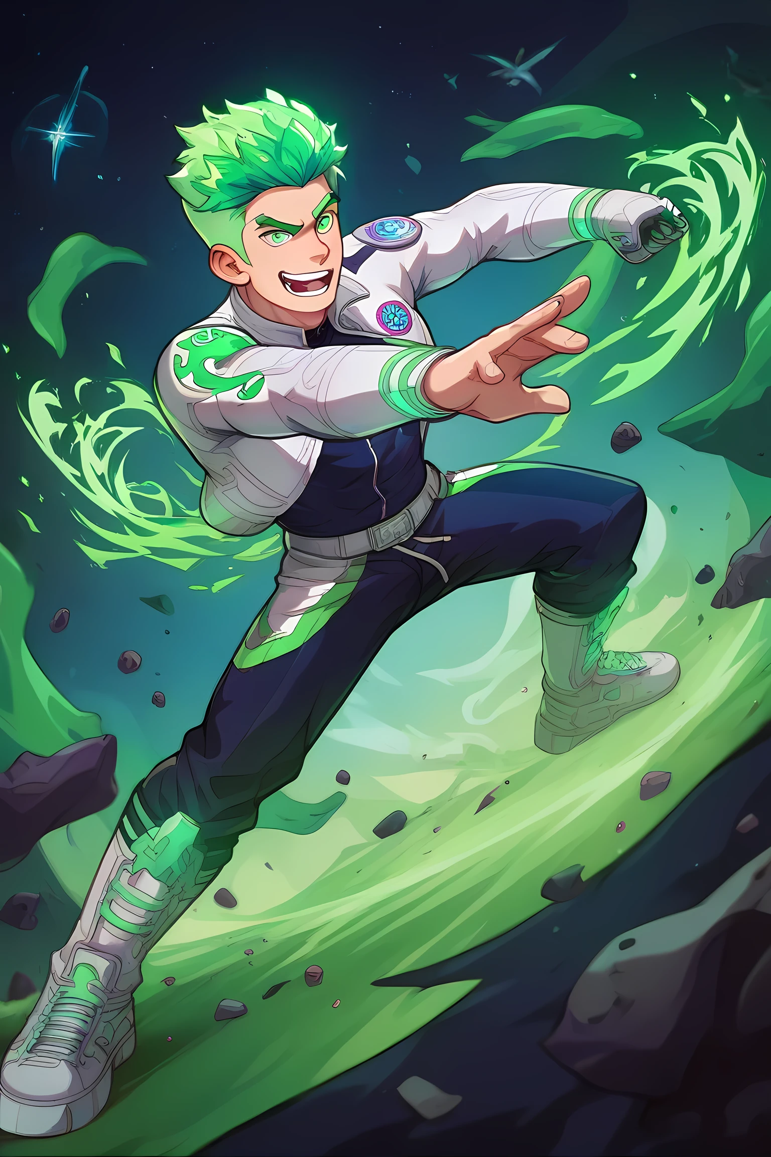 anime boy with green glowing neon hair, black space suit fighting water monster in grasslands martial arts tournament, green energy powers, professionally drawn, danny phantom cartoon