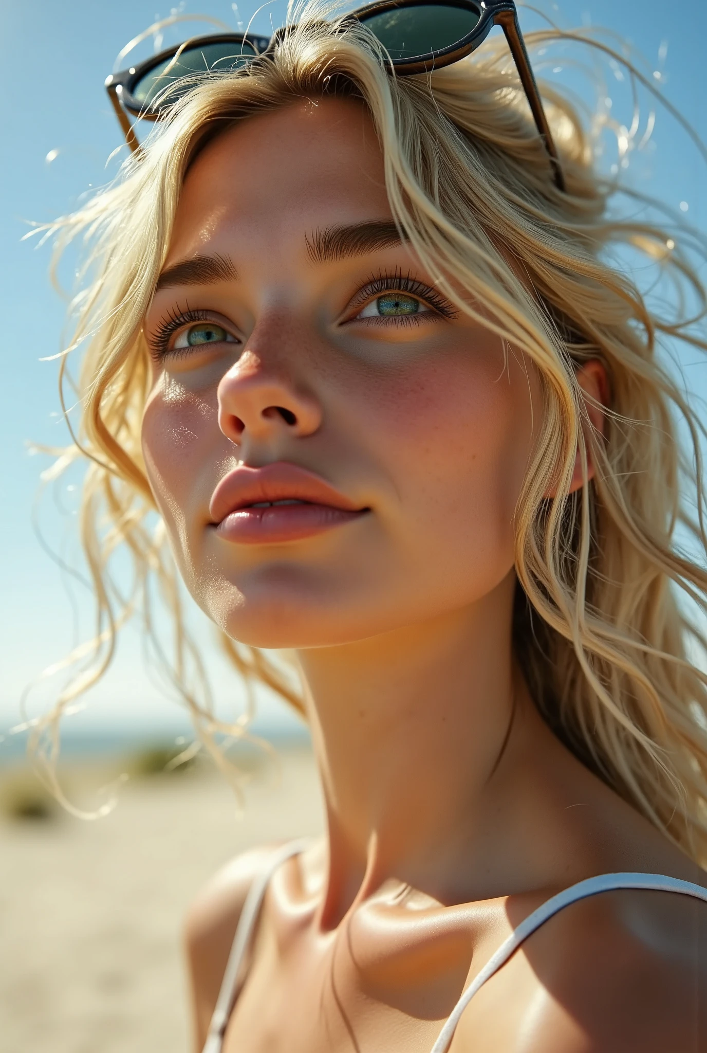 Experimental Photography: Close-up portrait of a blonde woman with windblown hair, wearing round dark sunglasses pushed up on her head. Sunlight casts soft shadows on her face, highlighting her radiant skin and sharp features. Her green eyes reflect the light, and she has a calm, subtle smile. The background is blurred, suggesting an outdoor setting under a clear blue sky.