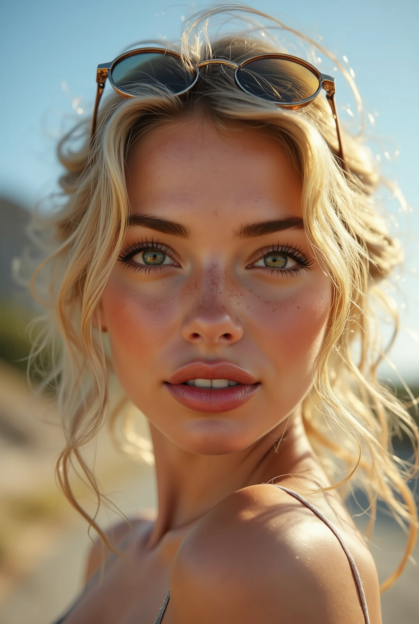 Experimental Photography: Close-up portrait of a blonde woman with windblown hair, wearing round dark sunglasses pushed up on her head. Sunlight casts soft shadows on her face, highlighting her radiant skin and sharp features. Her green eyes reflect the light, and she has a calm, subtle smile. The background is blurred, suggesting an outdoor setting under a clear blue sky.