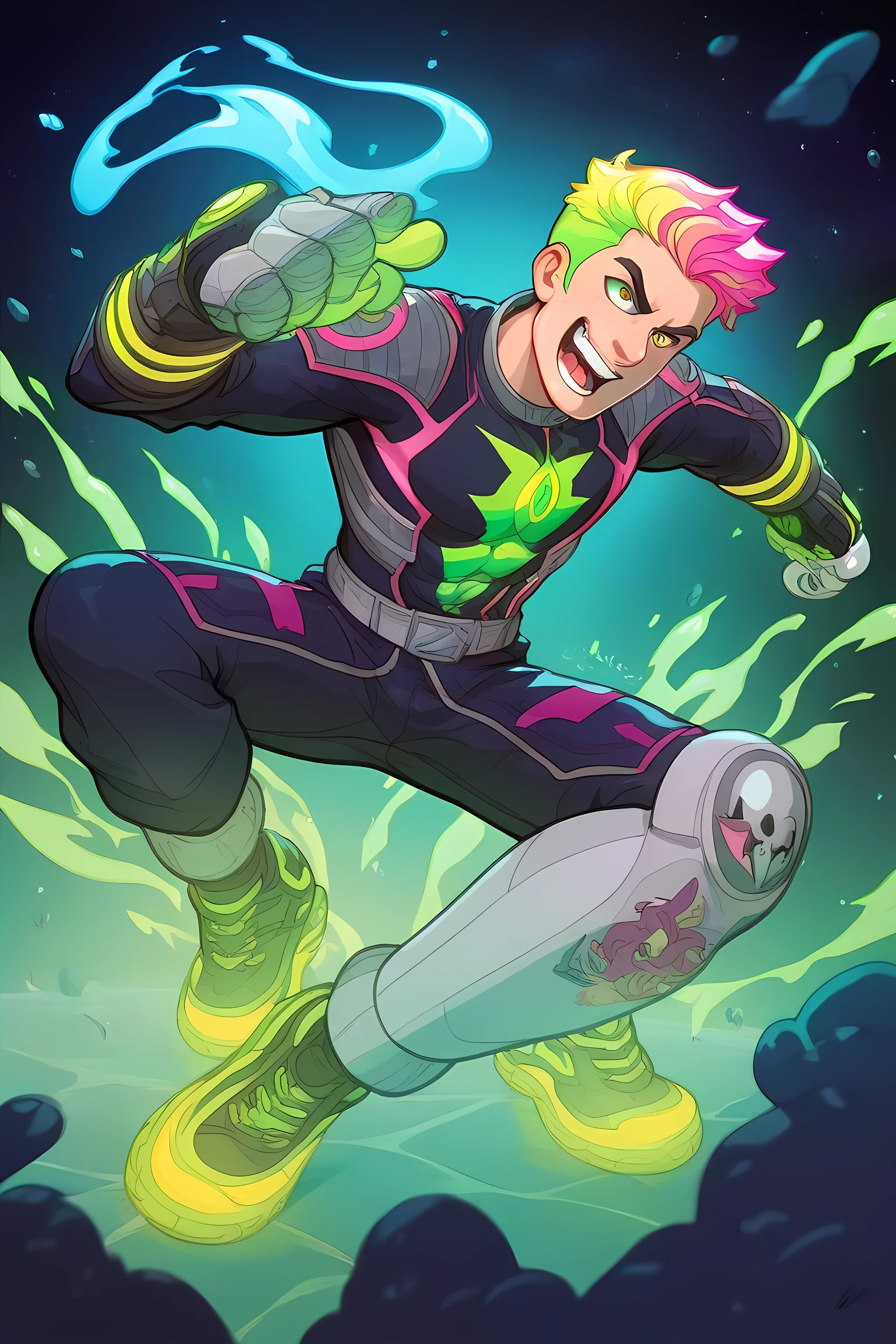 anime boy with yellow glowing neon hair, black space suit fighting water monster in grasslands martial arts tournament, green energy powers, professionally drawn, danny phantom cartoon