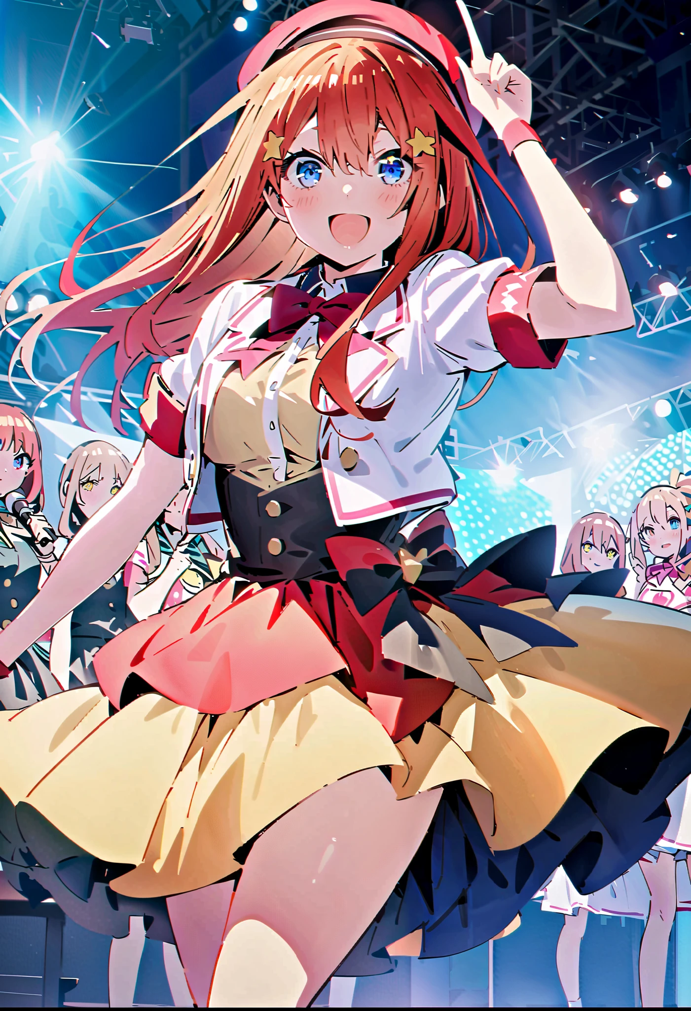  itsukinakano, Nakano Mizuki   , bangs, blue eyes,   hair between eyes  , stアップid hair, Red Hair,  long hair,Yellow stars   \( symbol \),   hair ornament ,Yellow stars     hair ornament ,glass,smile,,  open mouth , big breasted ,   Idol Costume ,  dress,collared   dress,  jacket  ,cropped   jacket  ,Short sleeve,bowtie,bow,button,  has  ,beret,(  White Knee High :1.2),shoes,  interior  ,アイドル歌手がライブ  stageで熱狂的に歌うシーンのイラスト. アイドル歌手が  stage中央に立っている.   boots worn by idol singers   .    idol singers sing with microphones   .    idol singers are serious and impressive  . 歌手の声は力強くて beautiful ,  stageの周りにはファンが集まる,   fans sing and dance with idol singers Idol singers who do things  ,whole bodyがイラストに入るように,
break looking at viewer,whole body,(  cowboy shooting :1. 5),
break indoors,  stage, concert,   stage lights,   stage, crowd,
break (Masterpiece:1.2),   best quality ,   high resolution, unity 8k wallpaper, (shape:0.8), (  beautiful,  detailed eyes :1.6),    very elaborate face ,   PERFECT LIGHTING  ,   High-definition CG, (perfect hand,   perfect anatomy),