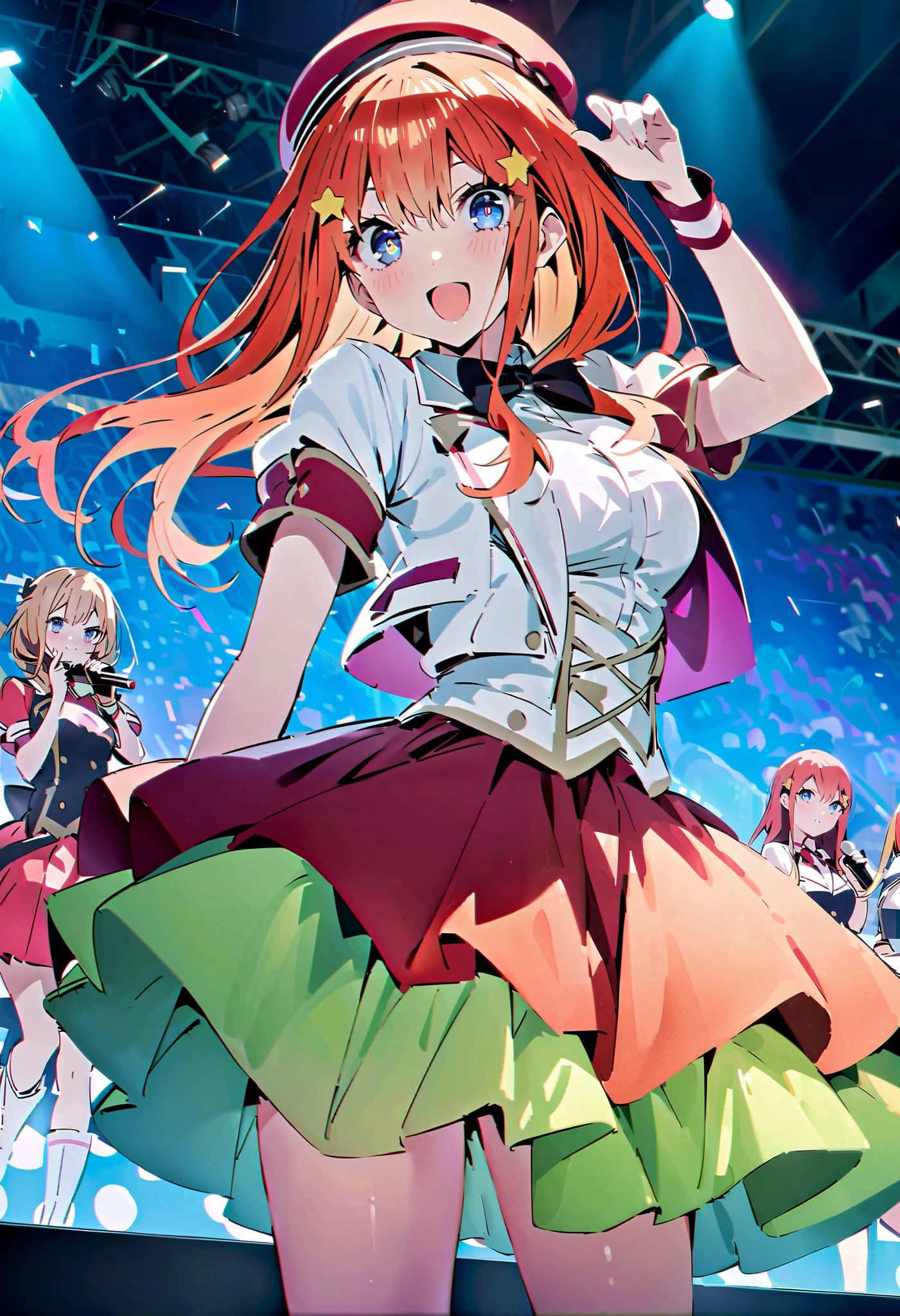 itsukinakano, Nakano Mizuki , bangs, blue eyes, hair between eyes , stアップid hair, Red Hair, long hair,Yellow stars \( symbol \), hair ornament ,Yellow stars hair ornament ,glass,smile,, open mouth , big breasted , Idol Costume , dress,collared dress, jacket ,cropped jacket ,Short sleeve,bowtie,bow,button, has ,beret,( White Knee High :1.2),shoes, interior ,アイドル歌手がライブ stageで熱狂的に歌うシーンのイラスト. アイドル歌手が stage中央に立っている. boots worn by idol singers . idol singers sing with microphones . idol singers are serious and impressive . 歌手の声は力強くて beautiful , stageの周りにはファンが集まる, fans sing and dance with idol singers Idol singers who do things ,whole bodyがイラストに入るように,
break looking at viewer,whole body,( cowboy shooting :1. 5),
break indoors, stage, concert, stage lights, stage, crowd,
break (Masterpiece:1.2), best quality , high resolution, unity 8k wallpaper, (shape:0.8), ( beautiful, detailed eyes :1.6), very elaborate face , PERFECT LIGHTING , High-definition CG, (perfect hand, perfect anatomy),
