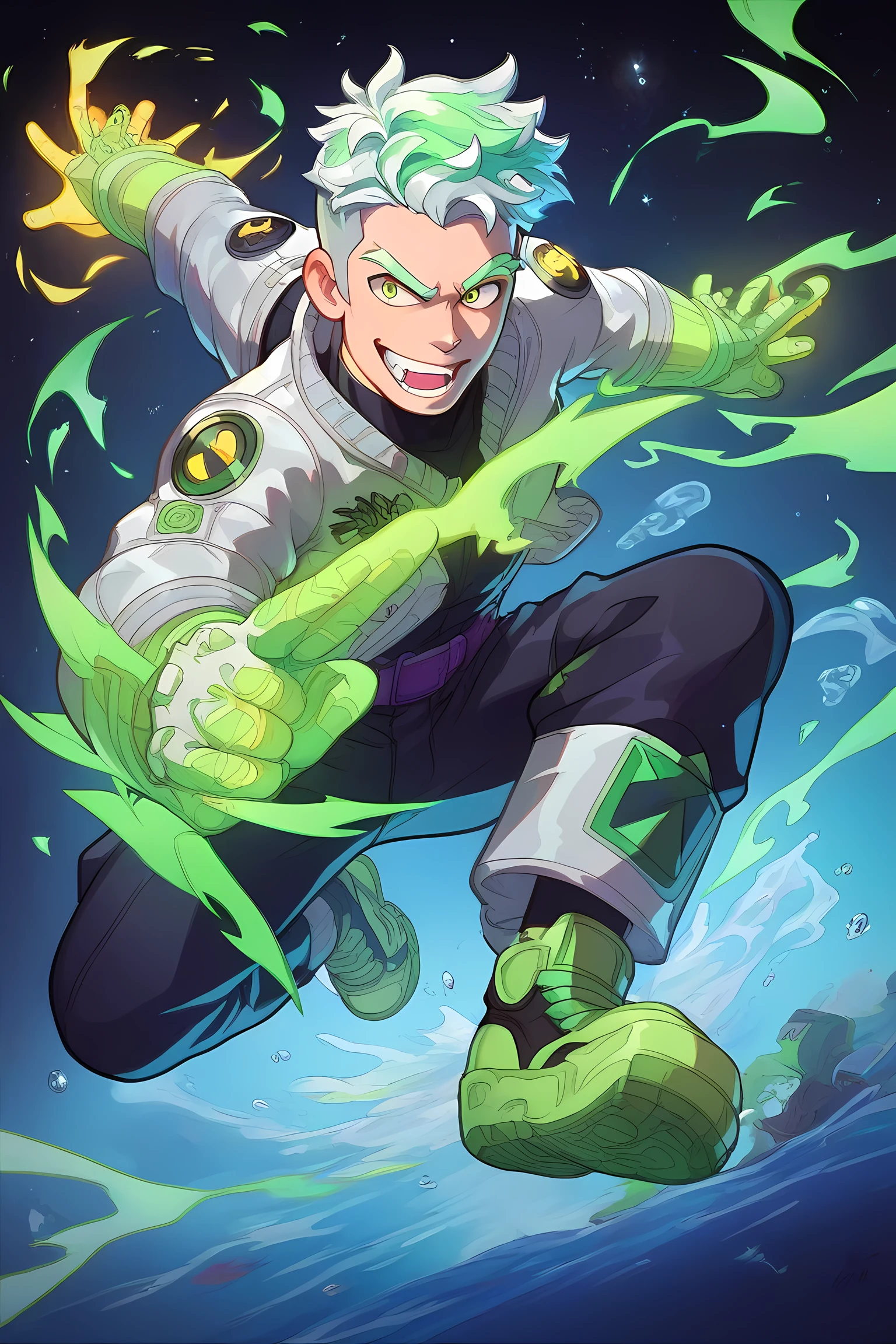 anime boy with yellow glowing neon hair, black space suit fighting water monster in grasslands martial arts tournament, green energy powers, professionally drawn, danny phantom cartoon