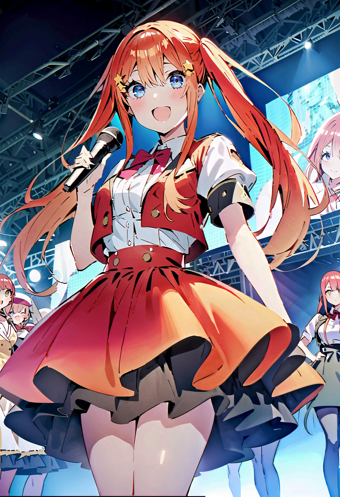  itsukinakano, Nakano Mizuki   , bangs, blue eyes,   hair between eyes  , stアップid hair, Red Hair,  long hair,Yellow stars   \( symbol \),   hair ornament ,Yellow stars     hair ornament ,glass,smile,,  open mouth , big breasted ,   Idol Costume ,  dress,collared   dress,  jacket  ,cropped   jacket  ,Short sleeve,bowtie,bow,button,  has  ,beret,(  White Knee High :1.2),shoes,  interior  ,アイドル歌手がライブ  stageで熱狂的に歌うシーンのイラスト. アイドル歌手が  stage中央に立っている.   boots worn by idol singers   .    idol singers sing with microphones   .    idol singers are serious and impressive  . 歌手の声は力強くて beautiful ,  stageの周りにはファンが集まる,   fans sing and dance with idol singers Idol singers who do things  ,whole bodyがイラストに入るように,
break looking at viewer,whole body,(  cowboy shooting :1. 5),
break indoors,  stage, concert,   stage lights,   stage, crowd,
break (Masterpiece:1.2),   best quality ,   high resolution, unity 8k wallpaper, (shape:0.8), (  beautiful,  detailed eyes :1.6),    very elaborate face ,   PERFECT LIGHTING  ,   High-definition CG, (perfect hand,   perfect anatomy),
