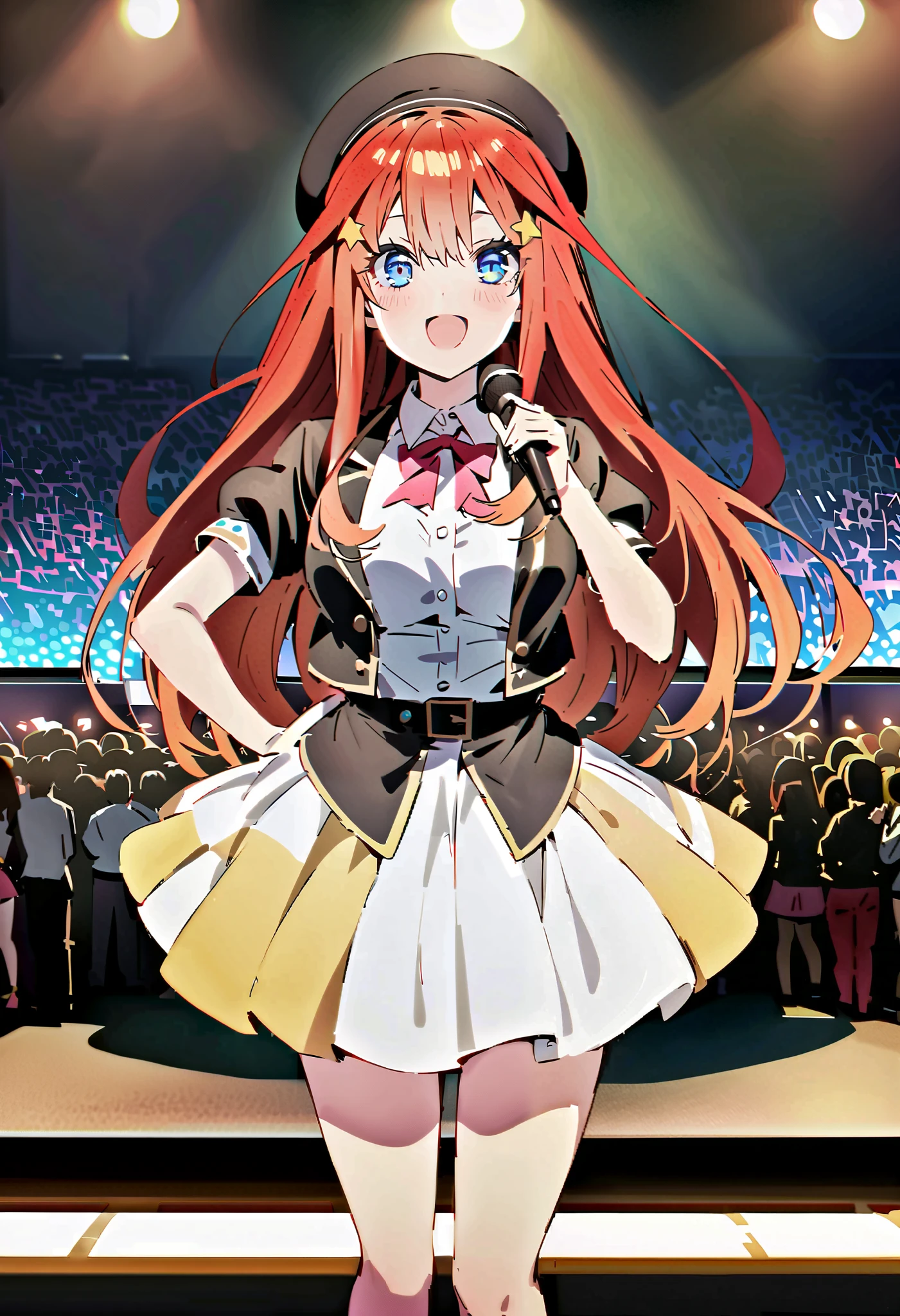  itsukinakano, Nakano Mizuki   , bangs, blue eyes,   hair between eyes  , stアップid hair, Red Hair,  long hair,Yellow stars   \( symbol \),   hair ornament ,Yellow stars     hair ornament ,glass,smile,,  open mouth , big breasted ,   Idol Costume ,  dress,collared   dress,  jacket  ,cropped   jacket  ,Short sleeve,bowtie,bow,button,  has  ,beret,(  White Knee High :1.2),shoes,  interior  ,アイドル歌手がライブ  stageで熱狂的に歌うシーンのイラスト. アイドル歌手が  stage中央に立っている.   boots worn by idol singers   .    idol singers sing with microphones   .    idol singers are serious and impressive  . 歌手の声は力強くて beautiful ,  stageの周りにはファンが集まる,   fans sing and dance with idol singers Idol singers who do things  ,whole bodyがイラストに入るように,
break looking at viewer,whole body,(  cowboy shooting :1. 5),
break indoors,  stage, concert,   stage lights,   stage, crowd,
break (Masterpiece:1.2),   best quality ,   high resolution, unity 8k wallpaper, (shape:0.8), (  beautiful,  detailed eyes :1.6),    very elaborate face ,   PERFECT LIGHTING  ,   High-definition CG, (perfect hand,   perfect anatomy),