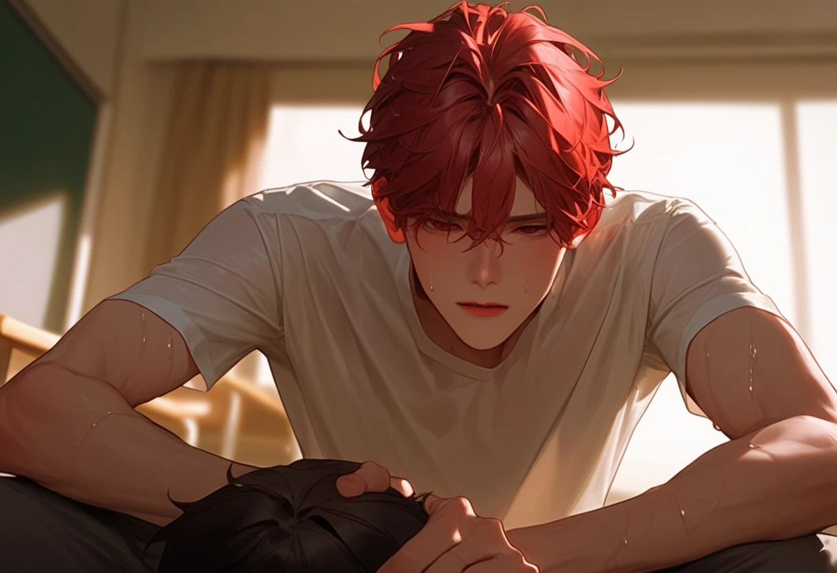 A male，  dark red hair，In the classroom， sit-up position on a chair sofa，Head perspective ，look up， Korean comic style ， young and energetic， Good condition ，Very handsome脸瓜子脸，White T-shirt，  White Skin， Wet Hairstyle  ， Sweating， charming eyes  ， Very handsome