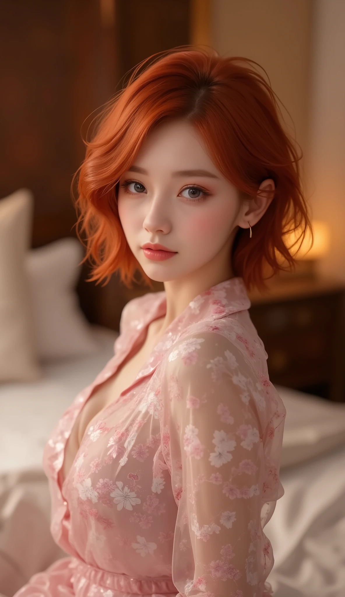  A woman in pink floral pajamas is sitting on a bed,  redheadの少女, beautiful  red haired woman,  red haired woman, young  redheadの少女, Short bright red hair, Red Hair and Attractive Features , Anna Nikonova （ also known as New Milky ）,  redheadの少女,  redhead,  Beautiful Woman,  bed,  redhead, short red haired ,  posing in a room 
