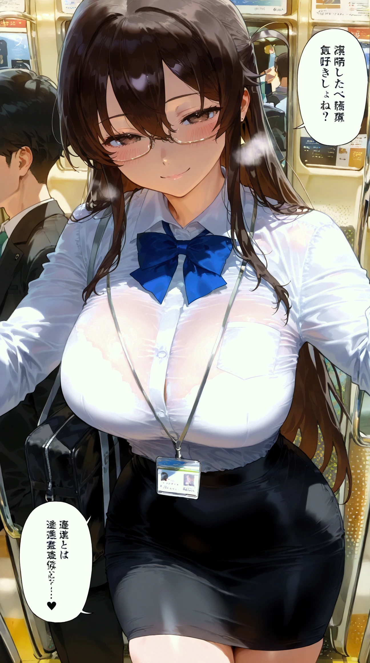 Maximum number of pixels、Very clear and detailed, high resolution、Top view、Shoot close、Inside the train、Back view、White shirt、Gaps in bras、Breast flash、Perfect Style, Cute face, Accurate, Anatomically correct, Shiny skin, Fair skin, Shiny skin、Glossy lips、 (Embarrassed look: 1.2),Female 32 years old, Retrospective photos of the rear roam、Angle from above、Looking down from above、From behind, Beautiful Face, (Dark blue skirt)、blush、humiliation、impatience、tears、Embarrassing、Surprised expression、Expressions of anger、Sweaty、Black Hair、Shortcuts、Girl pressed against train door、Sexy、Green Ash Eye、Turn your back、Crushed、crowded train、Soaking wet、Flowing sperm、Sperm in the ass、Sperm on thighs、Flowing sperm(Attractive ass:1.2),、Exposed panties、Disheveled clothes、Exposed breasts、