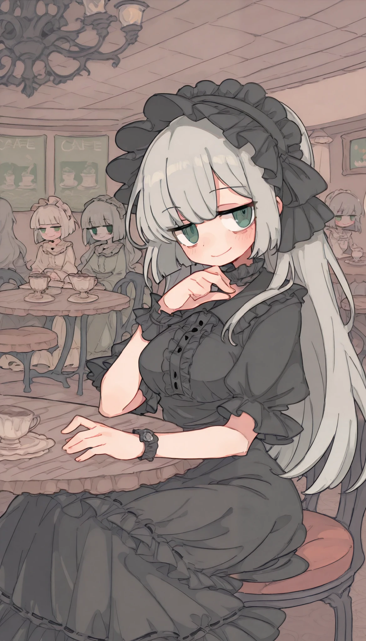  high resolution, Masterpiece,    replaces an anatomically correct   ,   Top Quality ,  One Girl ,  gray hair , Long, long hair  , A-line bob cut  , (jitome:1.4) , smile , green eyes ,  big breasts ,  viewers , Princess ta ,cafe, sit,
