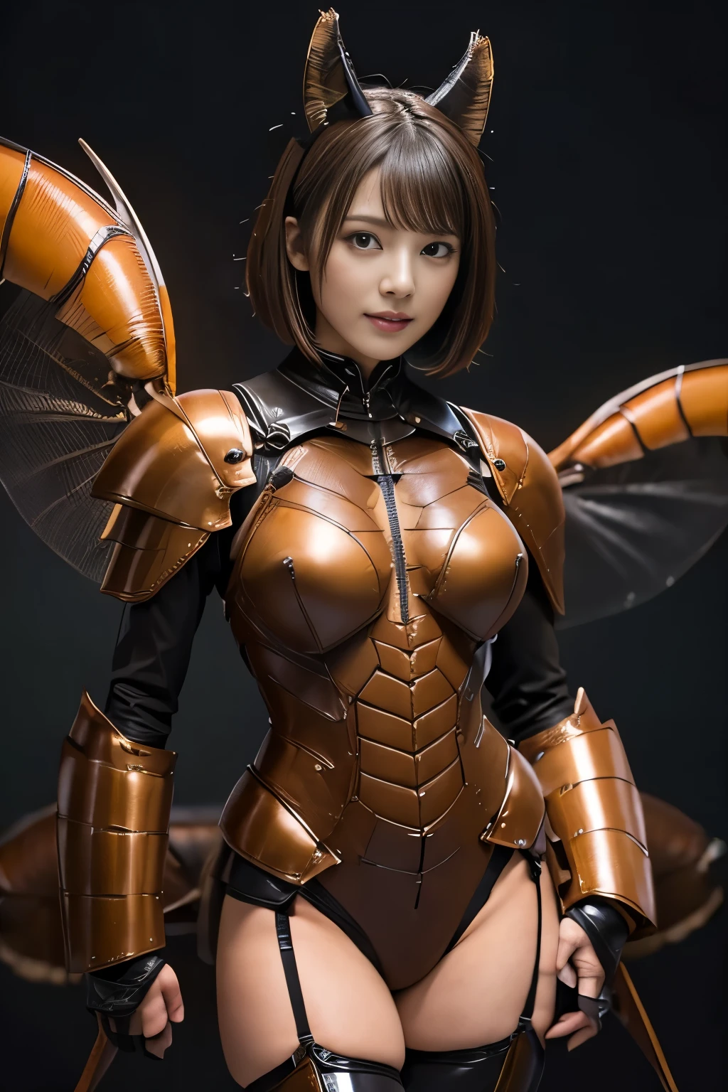 (high resolution,masterpiece,best quality,extremely detailed CG, anime, official art:1.4), realistic, photo, amazing fine details, all intricate, gloss and shiny,awesome many layers, 8k wall paper, 3d, sketch, kawaii, illustration,( solo:1.4), perfect female proportion,villainess, (fusion of dark brown cockroach and lady:1.4), (brown cockroach form lady:1.2), (brown cockroach lady:1.2), (fusion:1.2), (solo:1.4), (evil smile:1.2), muscular, abs, (cockroach brown exoskeleton bio insect suit:1.4), (cockroach brown exoskeleton bio insect armor:1.2), (brown transparency cockroach wing:1.4), (brown cockroach antennae:1.3),
