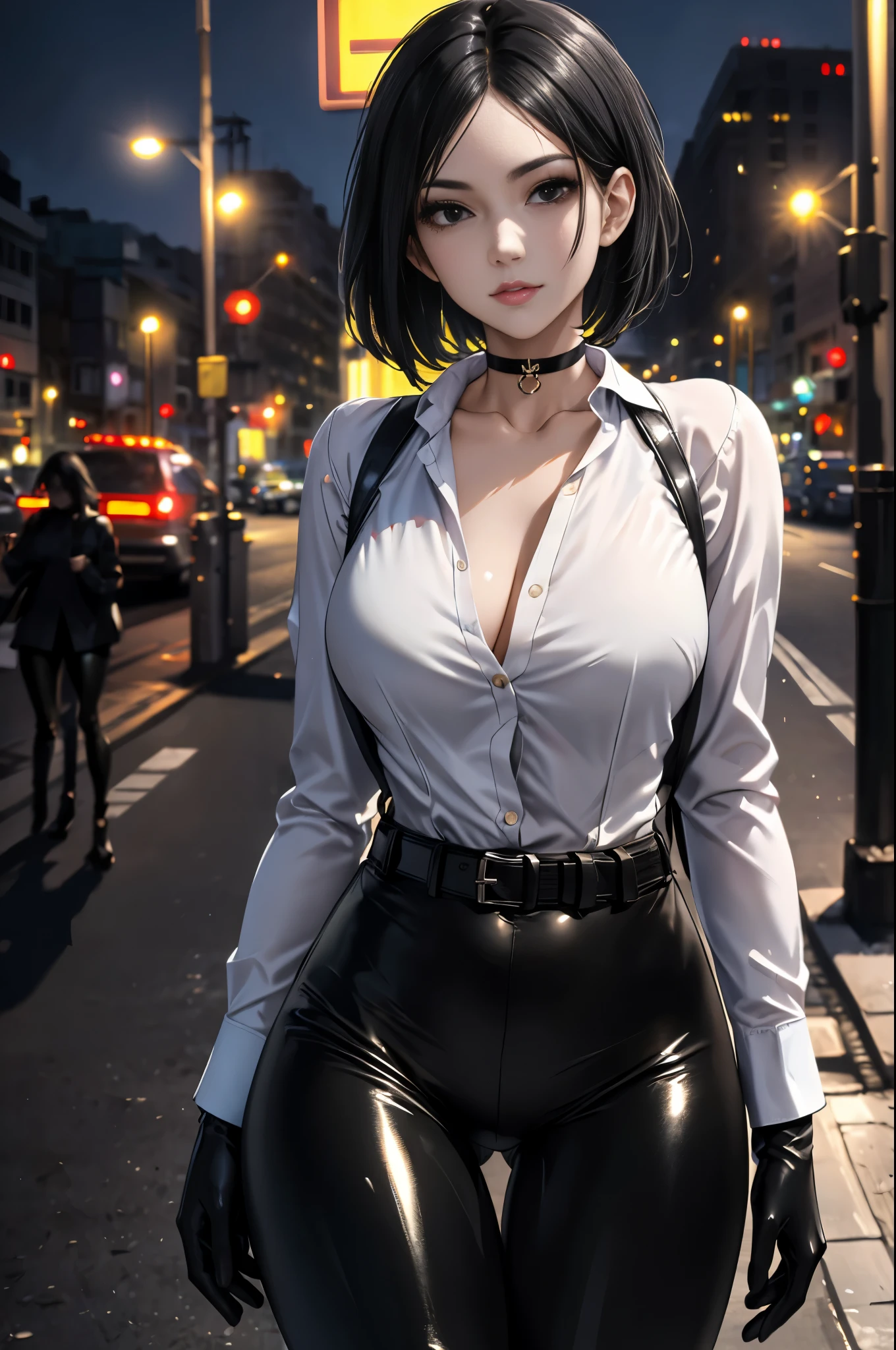 masterpiece, envelopes, HDR-10, volumetric lighting , ( perfect hands), There is a person, standing, (pose sexy), (( seen from the front)), looking at the viewer , seductive look , detailed eyes, black eyes, sensual lips, short black hair , choker : 1.6, (white long sleeve buttoned shirt), (black straps), ( shiny black leggings), black gloves, belt, ((thigh harness)), street, city, at night