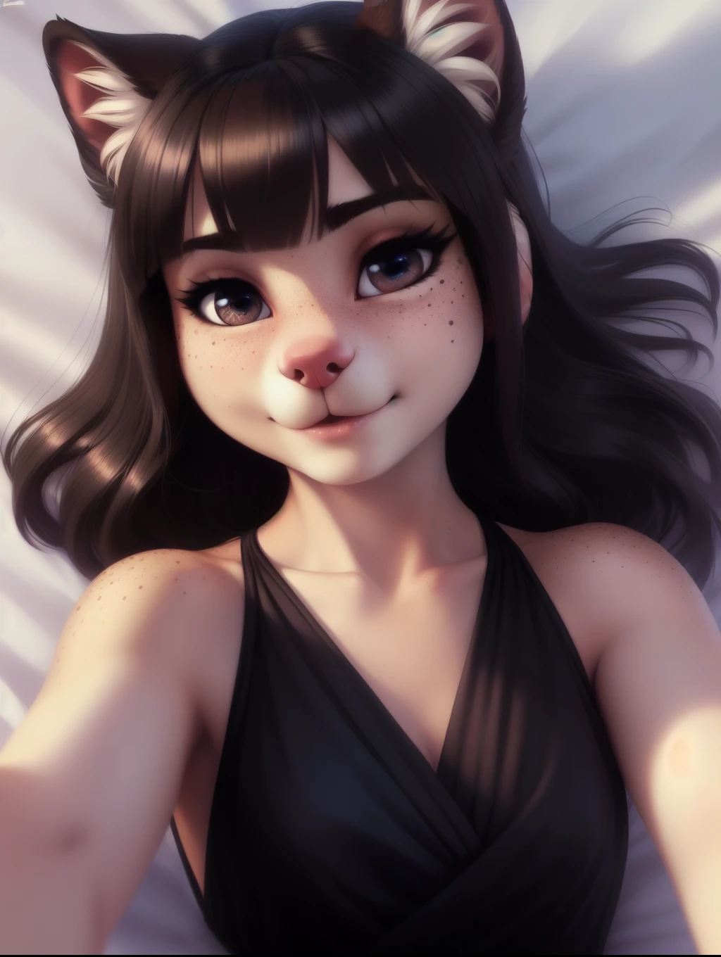 beautiful and detailed upper body portrait , ((young 13 year old anthro domistic canine, tight bodycon black dress)), anatomically correct, Schlank, Hochgeladen E621, detailed flauschige fur, (von Fluff-Kevlar, Iskra, personalami, Pino Daeni), 1girl, adorable, bedroll , 1girl, realistic, ultra sharp image, view from above, (solo), highly detailed, first person view, masterpiece, (lying on her back), flat chest, medium length hair, dark messy hair, perfect eyes, absurd resolution, cute snout, eyelashes, (kissy face), (Kissing mouth), young girl, detailed facial features, sharp focus, selfie, ((full body 1:2)), fluffy tail, blushing, lewd,