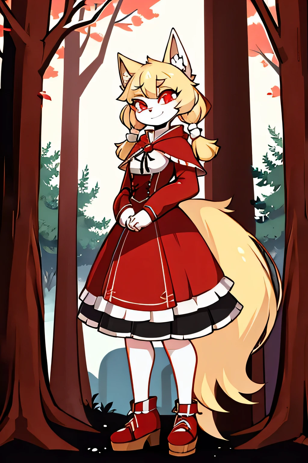 Female wolf、 white fur、I turned into a human、Blonde Pigtails、 Little Red Riding Hood、 red eyes、Wooden shoes、I held a 、 tall、 smiles、 in the Dark Forest