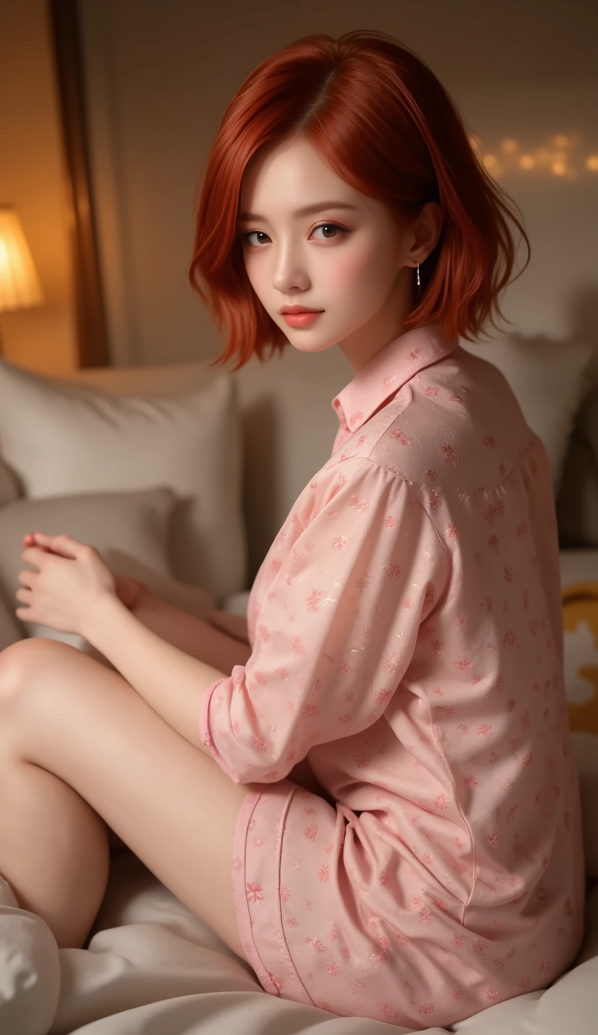 A woman in pink floral pajamas is sitting on a bed, redheadの少女, beautiful red haired woman, red haired woman, young redheadの少女, Short bright red hair, Red Hair and Attractive Features , Anna Nikonova ( also known as New Milky ), redheadの少女, redhead, Beautiful Woman, bed, redhead, short red haired , posing in a room