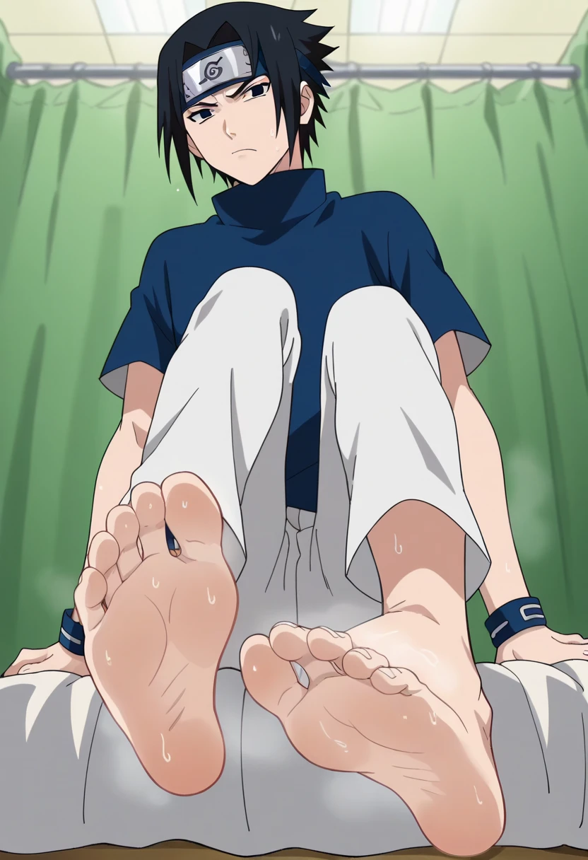 score_9, score_8_up, source_anime, f00tcr0ft style,
1boy, Sasuke Uchiha, black hair, short spiky hair, dark eyes, navy blue high-collar shirt, short sleeves, white trousers, alone, looking at viewer, serious expression, sitting in the bed, cowboy shot, ANIME SCREENCAP, anime coloring, in the hospital, barefoot, perfect feet, anatomically correct, soles, low angle, focal length 35mm, each foot has five toes, front, symmetrical soles, foot focus, sweaty, smelly