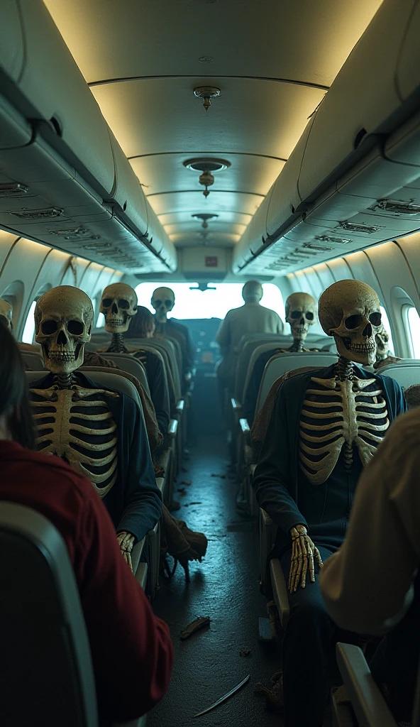 plane with human skeletons sitting with hair and old clothes very clear image