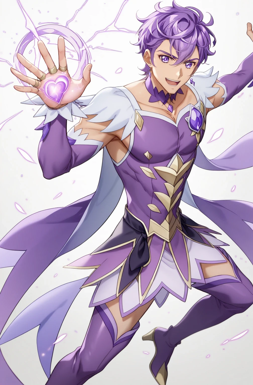 score 9 、score 8 up、score 7 up、source anime、masterpiece、 best quality 、 high resolution、anime coloring、1boy 、Cure Sword、(male:1.5)、close-up of a boy cartoon character with purple hair、Alone、portrait of Magic Boy、 Boy in a White and Purple Dress 、Long Legged 、Heavenly Aura、Lightning Aura、 White and Purple Miniskirt 、 Purple Arm Warmers 、purple detached sleeves、purple waist bow、Bare legs、Bare thighs、 purple thigh-high boots 、 Symphogear Flavor 、 Boy with Short Light Purple Hair 、 Prince of Amethysts 、 Official Character Art 、style of Magic Boy、Magic Boy、 Anime Boy 、 Official Art、 high resolution、perfect costume、sparkling Magic Boy、(manly:1.5)、With Sparkling Purple Eyes 、perfect body、perfect hands、perfect arms、perfect legs、(male body:1.5)、beefcake pose、