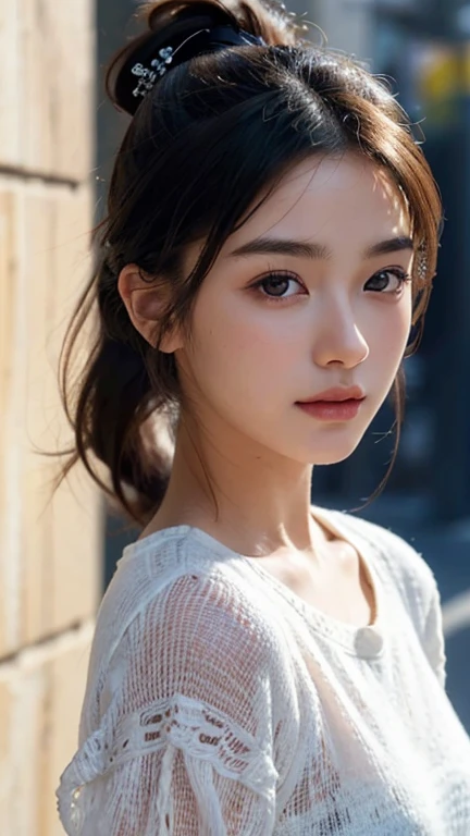 One woman,fully body photo,masutepiece, The highest image quality, High quality, the background is clear,Beautiful woman, Japanese, Detailed, Detailed eyes, Detailed skin, Beautiful skin, 超hight resolution, (reality: 1.4),Very beautiful woman, Slightly younger face, Beautiful skin, slender, (Ultra photo realsisim), (hight resolution), (8K), (Very detailed) (beautifully detailed eyes), (super detailed), (Detailed face), view the viewer, Fine details, Detailed face, Staring straight ahead, Staring straight ahead, photos realistic, Bright lighting, Professional Lighting, Black hair,poneyTail,a baby face,sixteen years old,Hairstyle is ponytail,long ponytail hairstyle,slight smile,neat and tidy clothing,European Streets,winter Clothing,snowing,