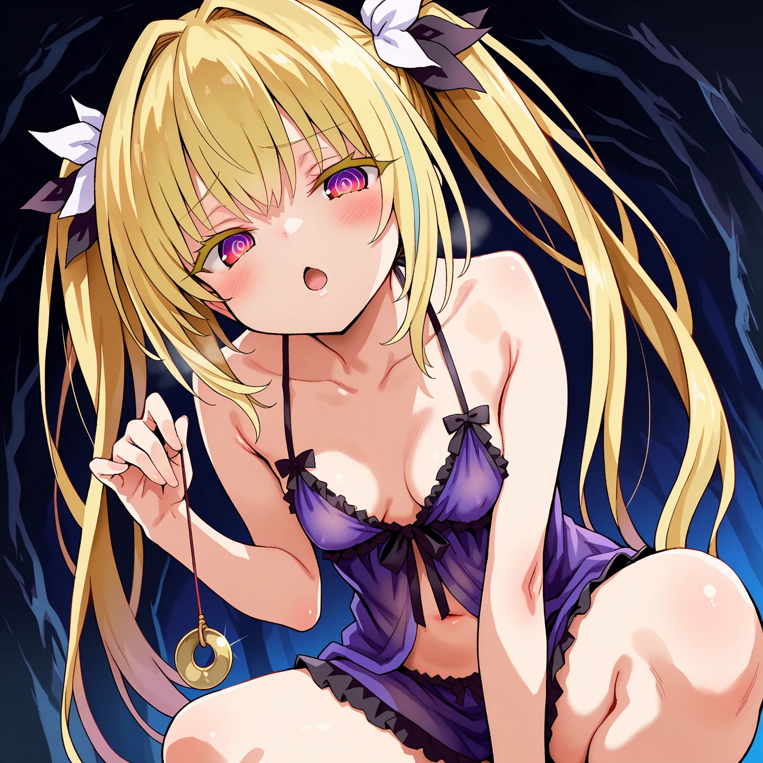 (masterpiece:1.2), best quality, extremely detailed illustration, anime, anime coloring, (fate testarossa, , short stature:1.4, small breast, solo, red eye, long twintails, blonde hair), black ribbon, school unifrom, black_shoes, thighhighs, very short skirt, lace panties, (lace garter belts:1.3), sitting, spread legs, no bra, (breast open clothes:1.4), (transparent clothes:1.4), nipple, pussy, embarrassed, open mouth, swimming pool, front view,