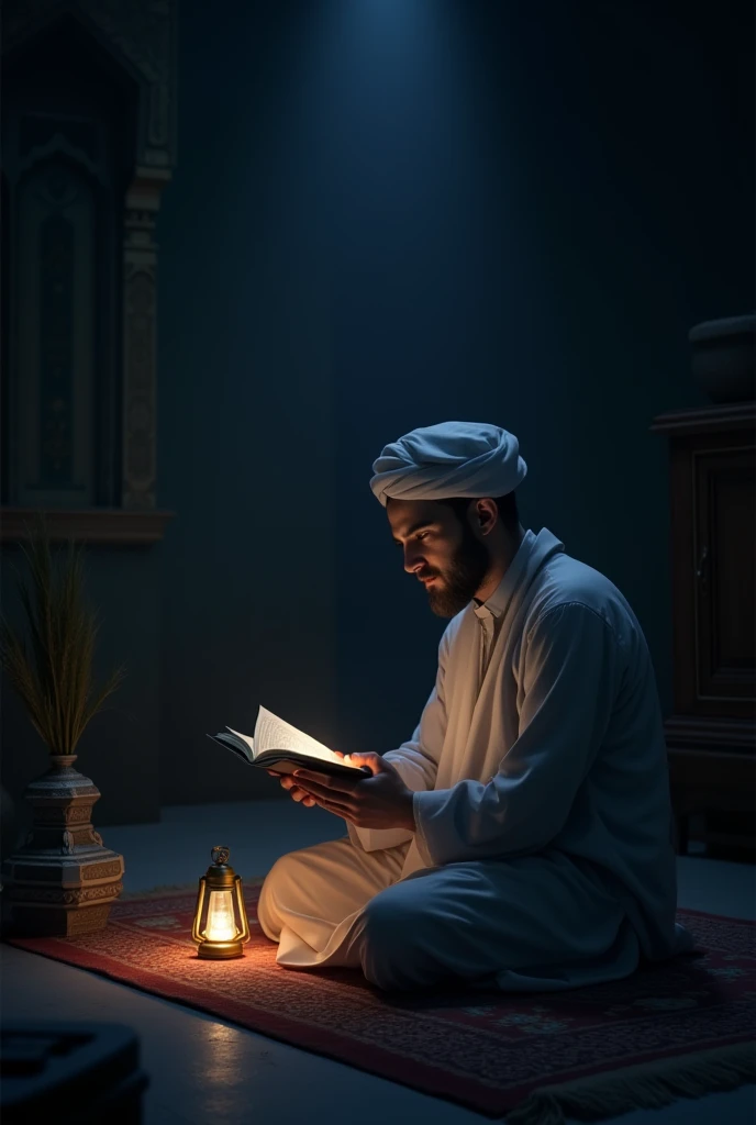 A man sits in a quiet room with an open Quran, reciting Surah Al-Mulk solemnly under the light of a lamp.