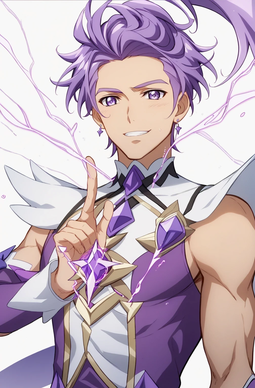 score 9 、score 8 up、score 7 up、source anime、masterpiece、 best quality 、 high resolution、1boy 、Cure Sword、(male:1.5)、close-up of a boy cartoon character with purple hair、Alone、portrait of Magic Boy、 Boy in a White and Purple Dress 、Long Legged 、Heavenly Aura、Lightning Aura、 White and Purple Miniskirt 、 Purple Arm Warmers 、purple detached sleeves、purple waist bow、Bare legs、Bare thighs、 purple thigh-high boots 、 Symphogear Flavor 、 Boy with Short Light Purple Hair 、 Prince of Amethysts 、 Official Character Art 、style of Magic Boy、Magic Boy、 Anime Boy 、 Official Art、 high resolution、perfect costume、sparkling Magic Boy、(manly:1.5)、With Sparkling Purple Eyes 、perfect body、perfect hands、perfect arms、perfect legs、(male body:1.5)、beefcake style、
