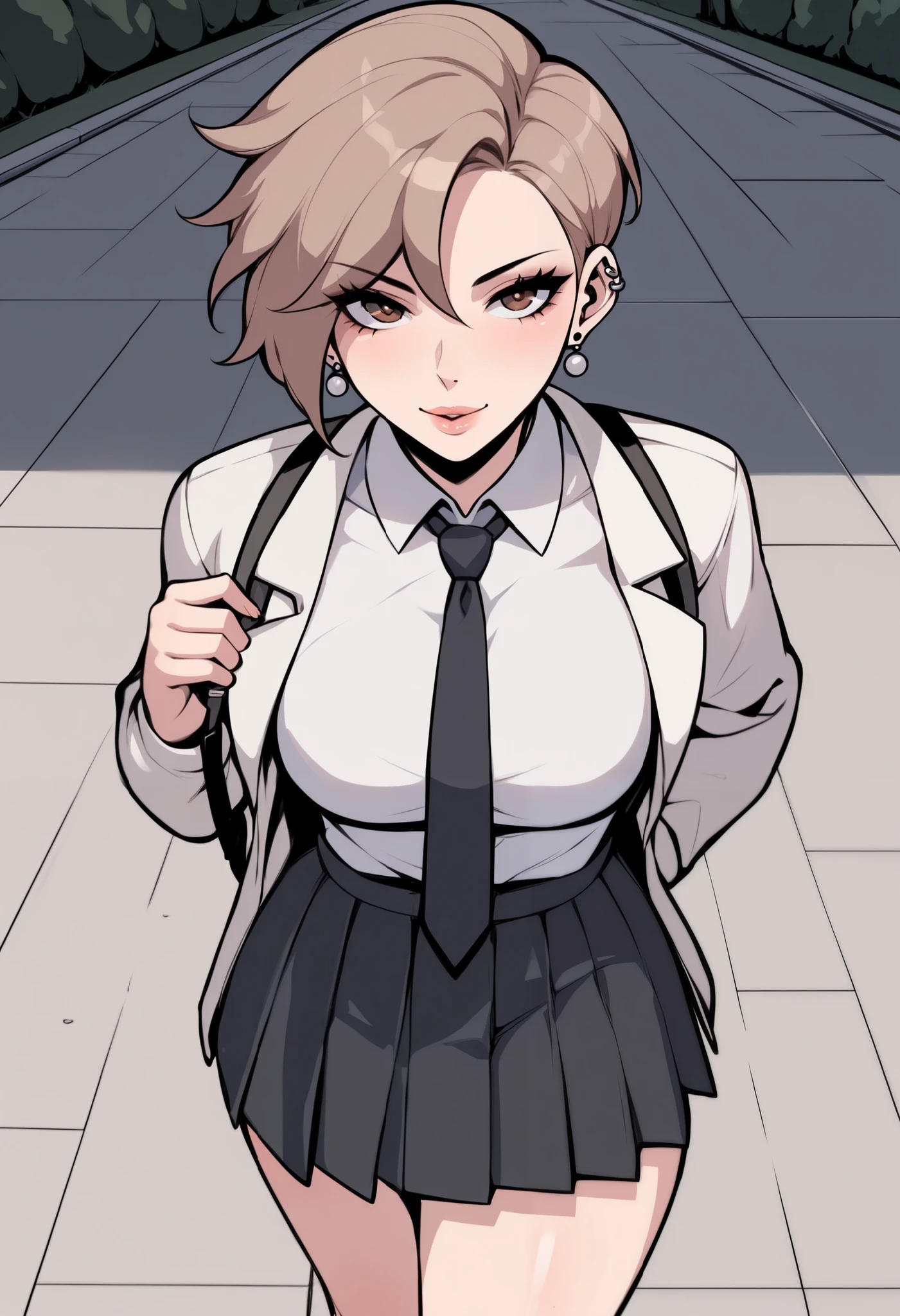 (masterpiece), (portrait), medium breasts (aesthetics), ((1 female 21 years old)), Highlight earrings), ((very short hair, piercing in the ear, punk girl style )), ((Hot beige hair)), straight hair, thin eyes open, brown eyes, cute, female, woman, looking far away, making a cute angry pout, beautiful, female features, top, high quality, aesthetic clothing, professional angle, (rule of thirds), (feminine), (feminine), (feminine), (beautiful) , (female ) features), solo, (Korean attractive), summer, (ink haze), (afternoon), (vibrant light), seductive posture, ((face looking forward))), school uniform, long-sleeved coat, white blouse underneath, tie, blue pleated skirt. backpack on the back ((Energy)), (no makeup), (medium Breasts), Fair Skin, (Clothes with Hip Hop Details, horny and slutty voluptuous woman), (a girl, hot fit, voluptuous mature body, super curvy body), (Sleep Neckline), Beautiful Hands, Body beautiful, beautiful ears, beautiful eyes, bright eyes, beautiful mouth, beautiful lips, needy expression, sidewalk, houses, hot and thick thighs