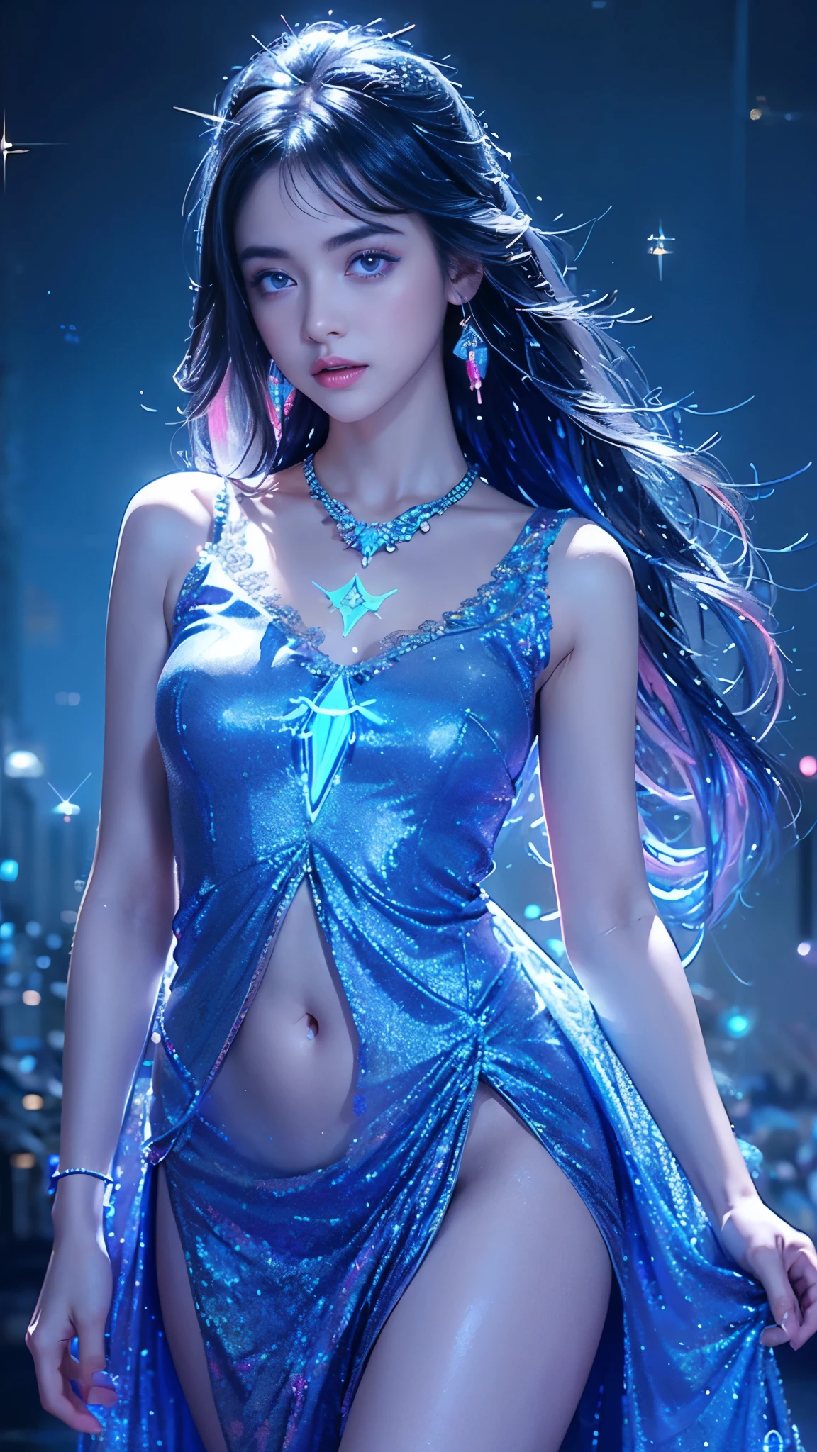 (highest quality、8k、16k、masterpiece、Super detailed、Beautiful in every detail、ray tracing)、BREAK, （and soul）（secondary elements）1 girl、(blue hair)、hair length、((blue eyes、gradient eyes))、sparkling eyes、bright eyes、finely tuned、expressive eyes、blue clothes、gem、Blue lighting、blue theme、random pose、（form：1.5）、abstract、Super detailed、(((Holding a large crystal ball on your chest)))、Beautiful and sparkling background