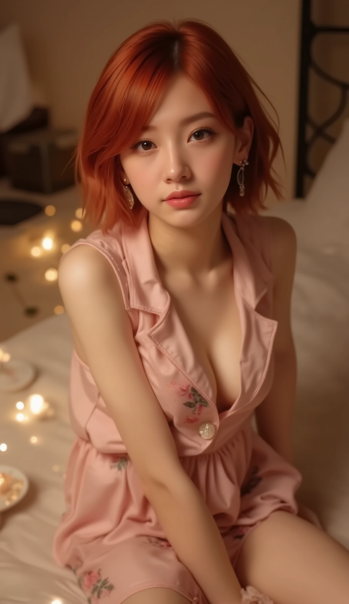  A woman in pink floral pajamas is sitting on a bed,  redheadの少女, beautiful  red haired woman,  red haired woman, young  redheadの少女, Short bright red hair, Red Hair and Attractive Features , Anna Nikonova （ also known as New Milky ）,  redheadの少女,  redhead,  Beautiful Woman,  bed,  redhead, short red haired ,  posing in a room 