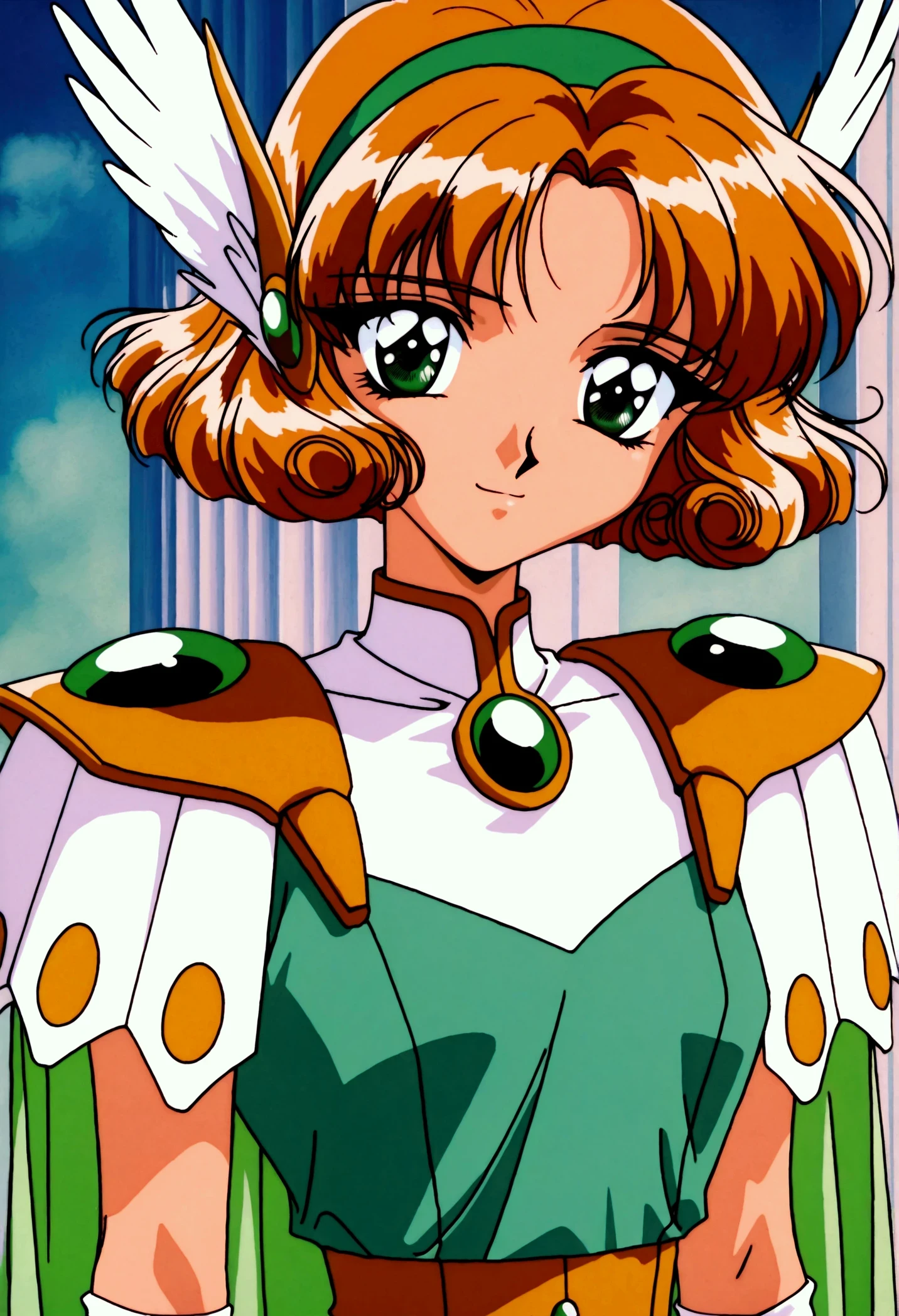 (masterpiece,highest quality,Super detailed,8k,High resolution,an extremely delicate and beautiful,Official Art,Perfect Anatomy:1.5),((1990s \(style\),90s anime,90s anime style,retro artstyle,Cel-shaded anime,anime screencap,anime coloring:1.25)),(solo:1.5),perfect face,beautiful,sexy,athletic body,shiny skin,(scale to fit the dimensions:1.2), smile,
AEFuuFinal,green eyes,light brown hair,curly hair,parted bangs,short hair,green hairband,hair ornament,head wings,wing hair ornament,armored dress,green cape,elbow gloves,gem,green dress,green gemstone,pauldrons,sleeveless,white gloves,white footwear,((dynamic pose ,background,full body:1.5))