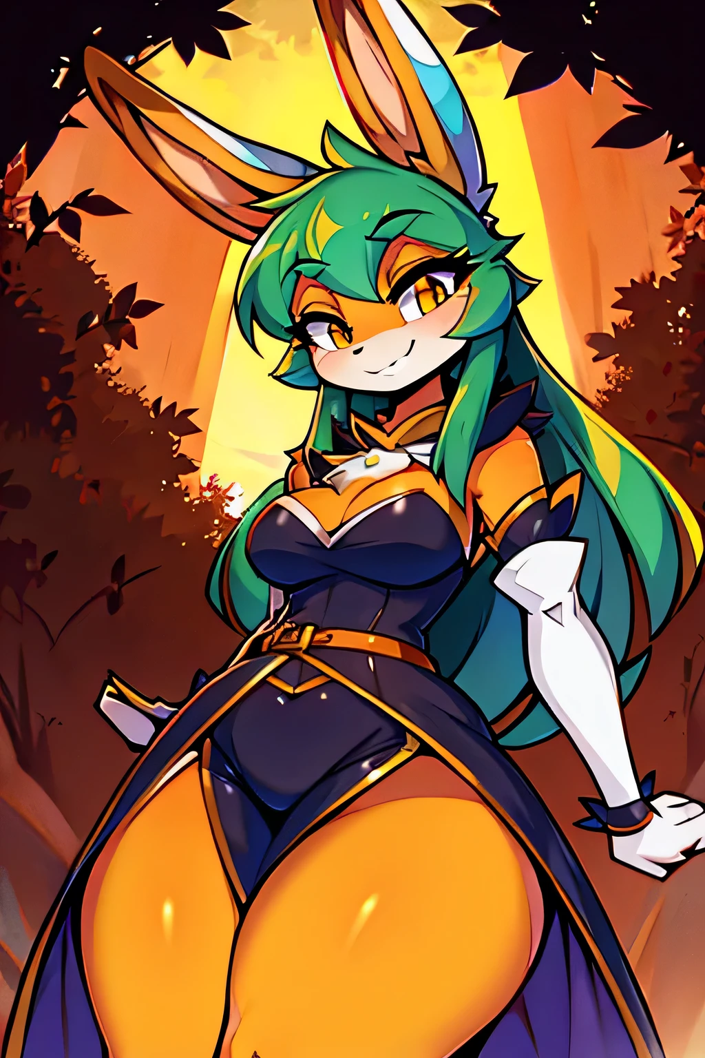  detailed image 、Female Rabbit 、 looks down at the viewer、 Orange Fur 、 fearless smile 、 Halloween、Moe sleeves、A flashy dress full of green stripes、Long Hem 、tall 、Autumn forest