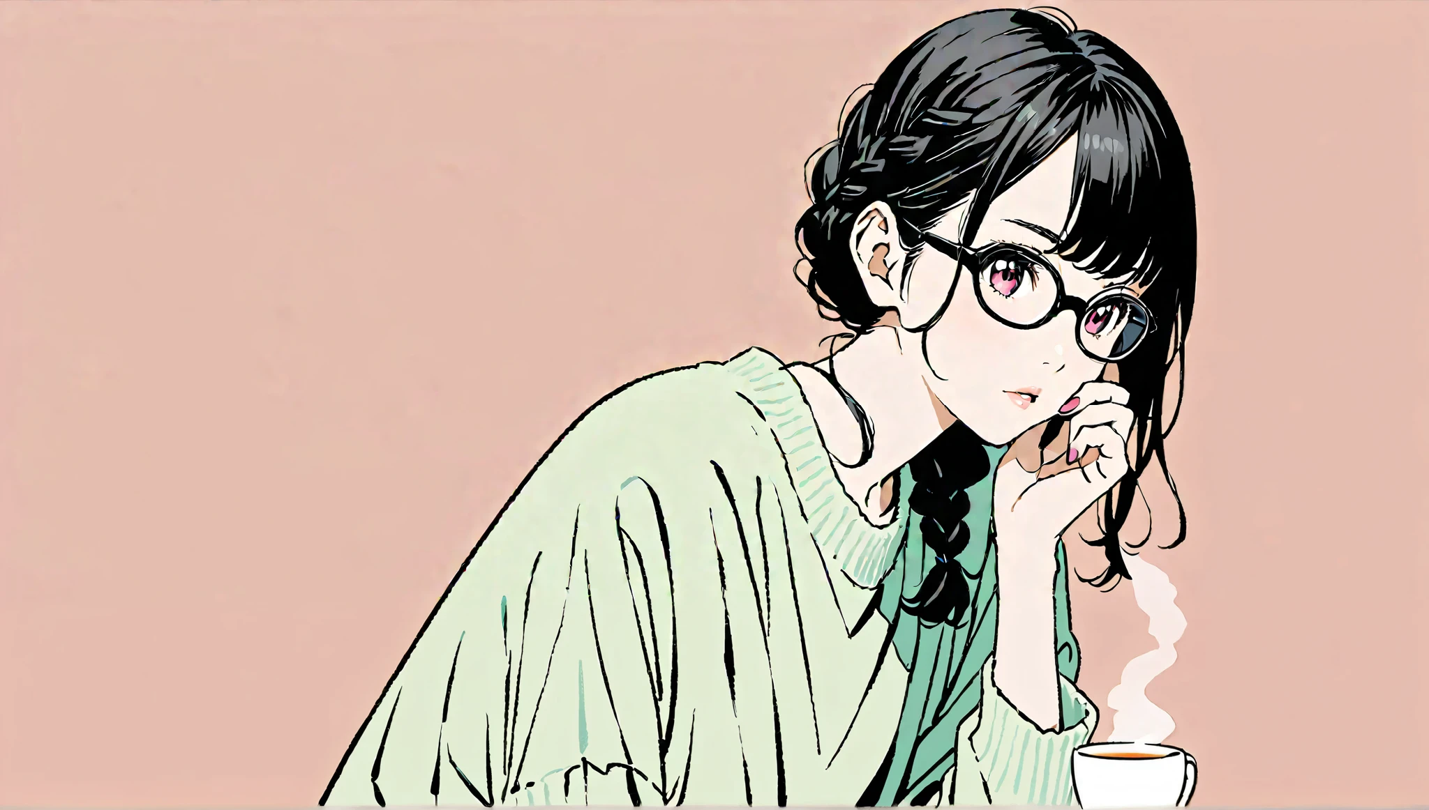 ((Drinking tea in a cup)),(Pop Color)),masterpiece, ((())), with a bleak expression、Highest quality, Beautiful attention to detail, Very detailed, In detail, High resolution, Perfect Anatomy, , , girl, (one person:1.5), alone, (Braided hairstyle for black hair),(( Black Eyewear))、 ( wearing a white sweater ), (( Simple Solid Color Background))), Background, (City Pop anime), Kyoto Animation, ,anime,